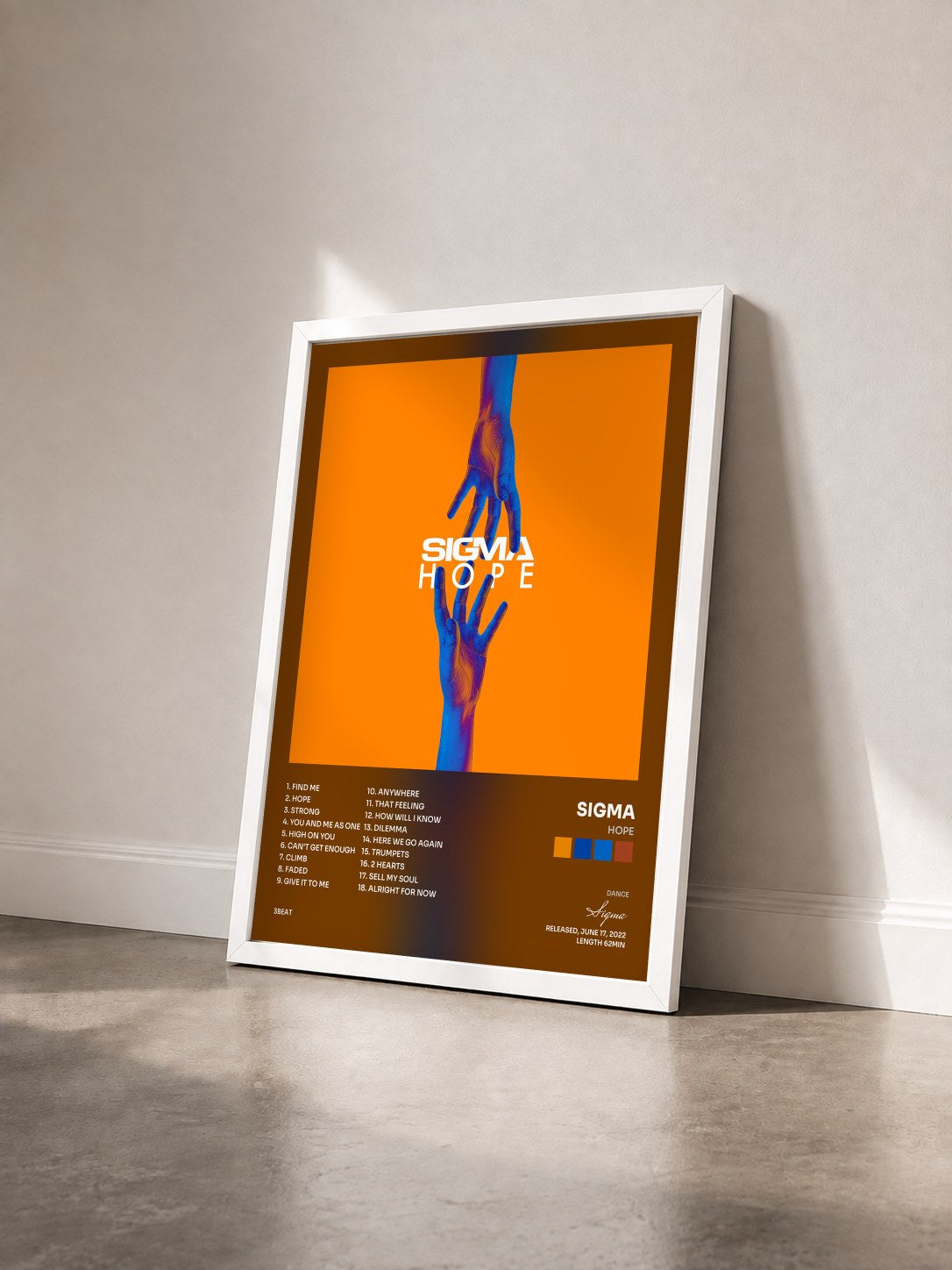 #blanc Tableau de l'album Hope de Sigma vu de trois quarts, cadre blanc