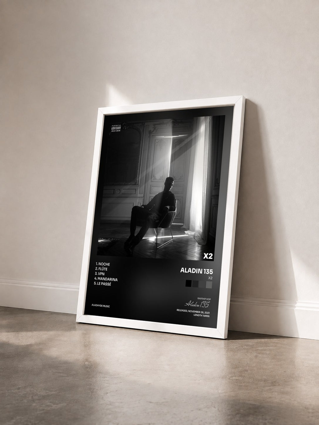 #blanc Tableau de l'album X2 de Aladin 135 vu de trois quarts, cadre blanc