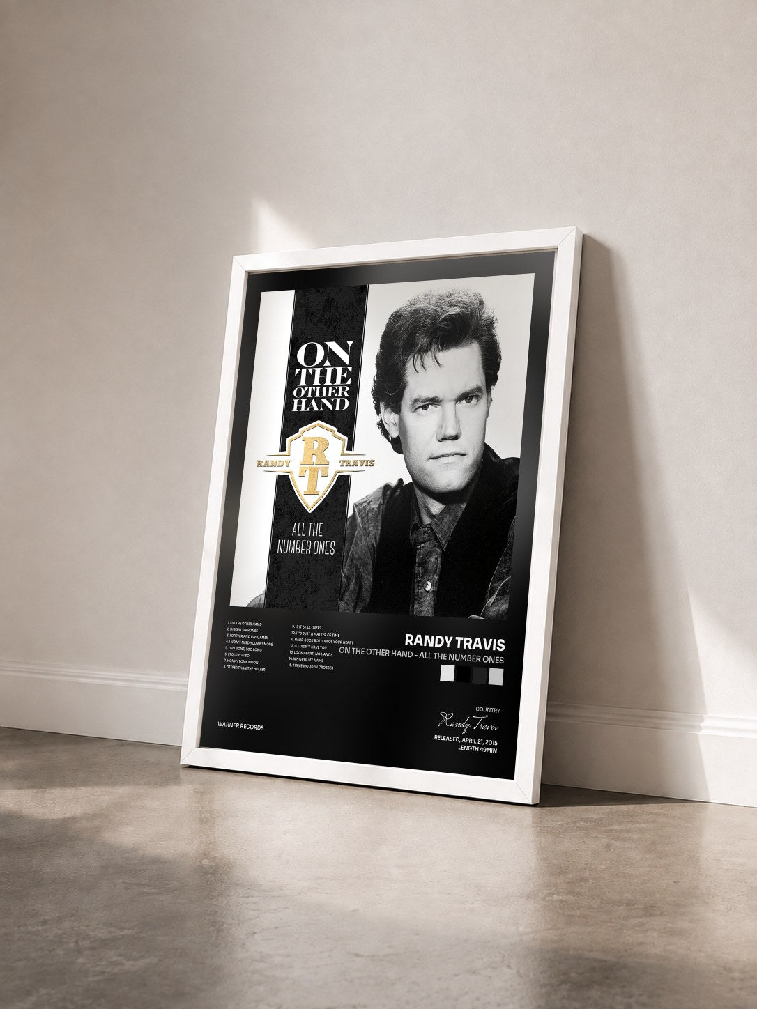 #blanc Tableau de l'album On the Other Hand - All the Number Ones de Randy Travis vu de trois quarts, cadre blanc