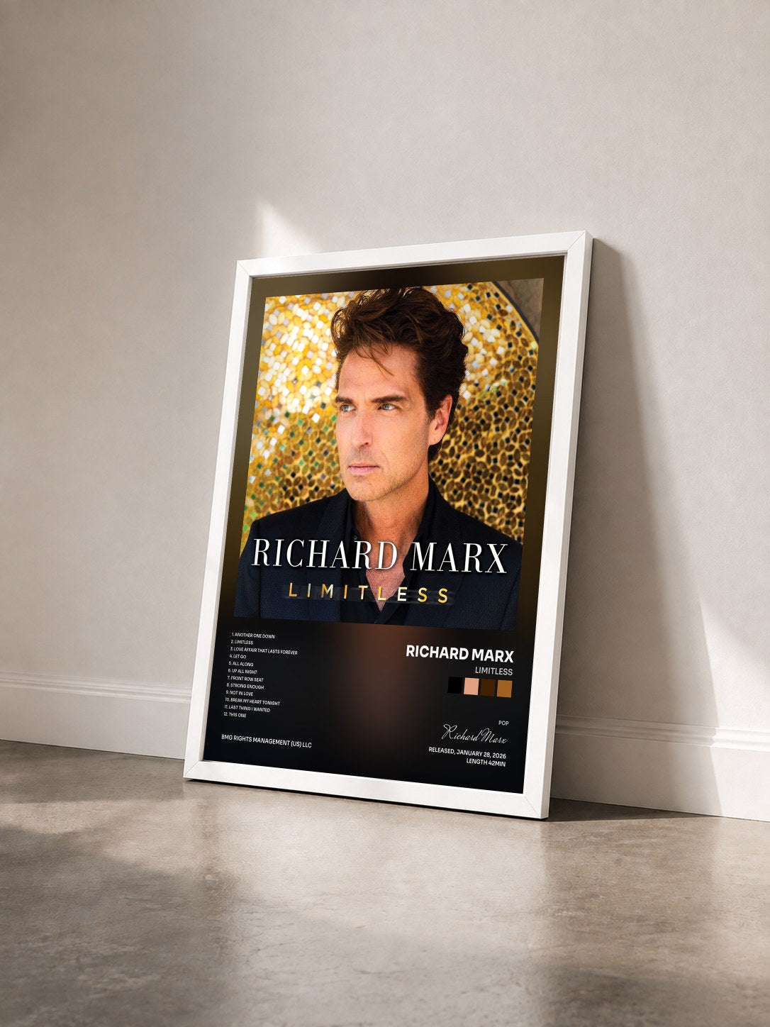 #blanc Tableau de l'album LIMITLESS de Richard Marx vu de trois quarts, cadre blanc