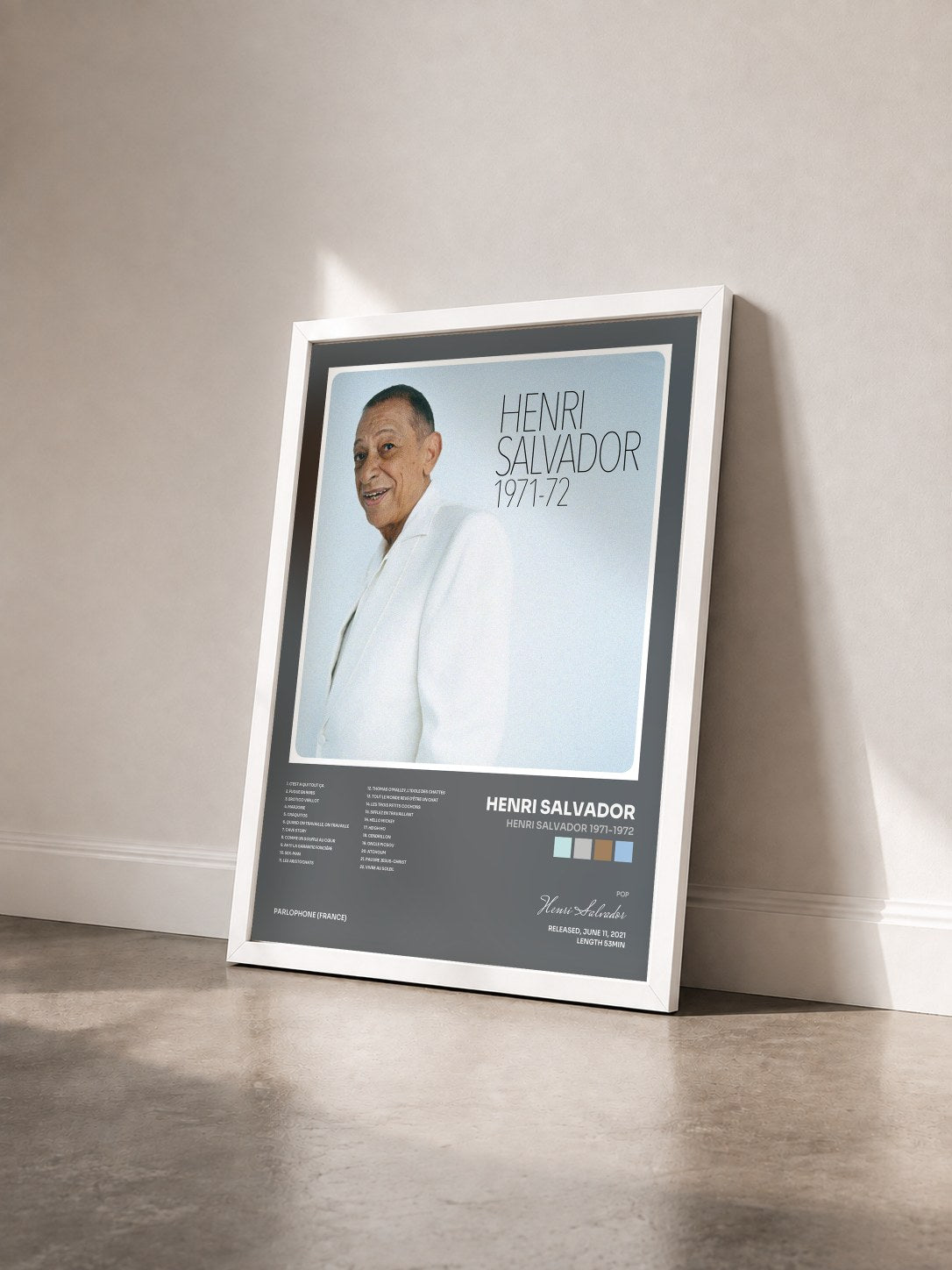 #blanc Tableau de l'album Henri Salvador 1971-1972 de Henri Salvador vu de trois quarts, cadre blanc