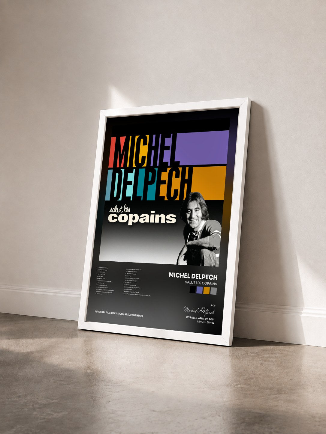 #blanc Tableau de l'album Salut les copains de Michel Delpech vu de trois quarts, cadre blanc