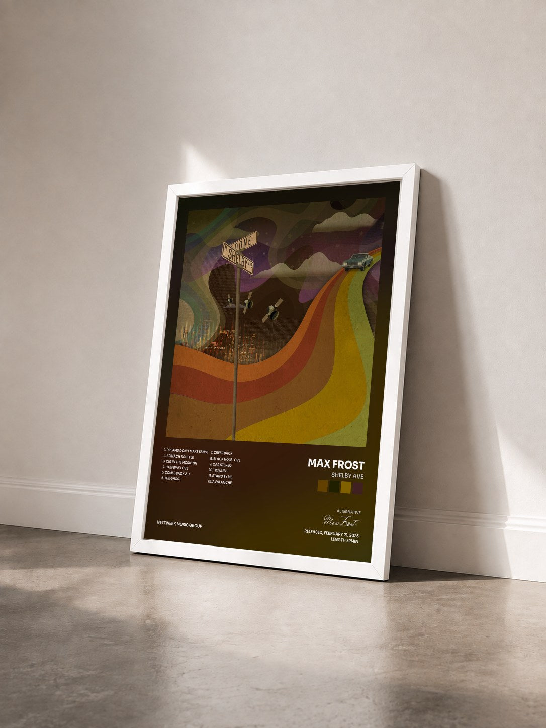 #blanc Tableau de l'album Shelby Ave de Max Frost vu de trois quarts, cadre blanc