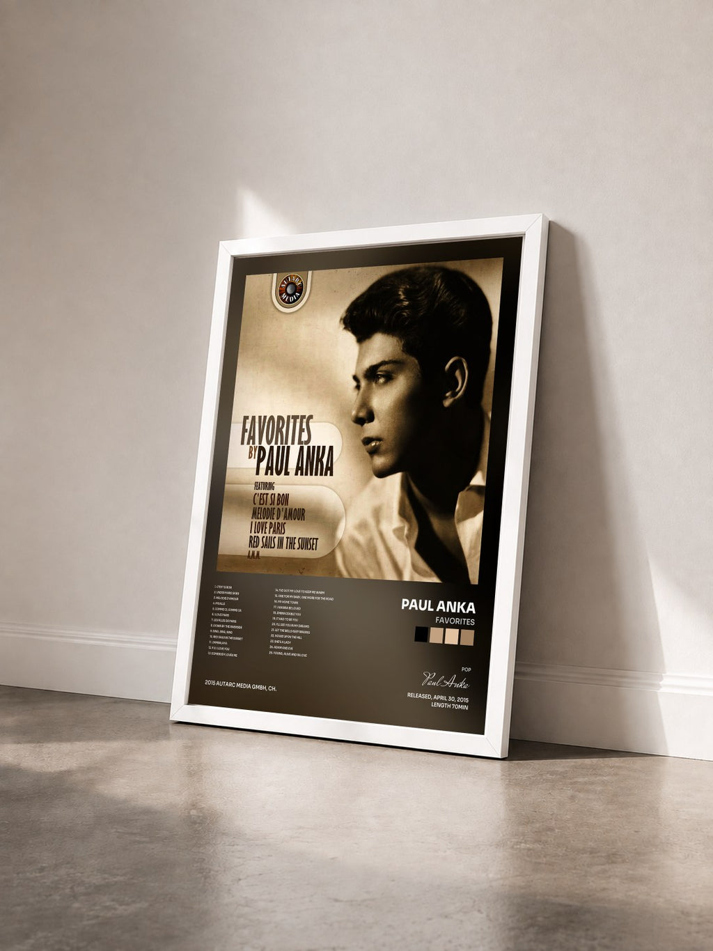 #blanc Tableau de l'album Favorites de Paul Anka vu de trois quarts, cadre blanc