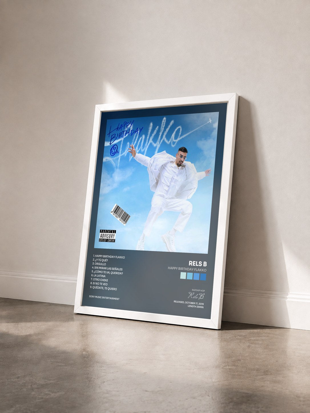 #blanc Tableau de l'album Happy Birthday Flakko de Rels B vu de trois quarts, cadre blanc