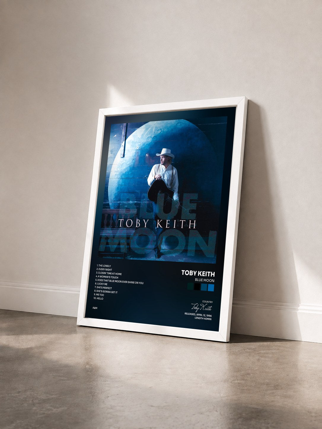 #blanc Tableau de l'album Blue Moon de Toby Keith vu de trois quarts, cadre blanc