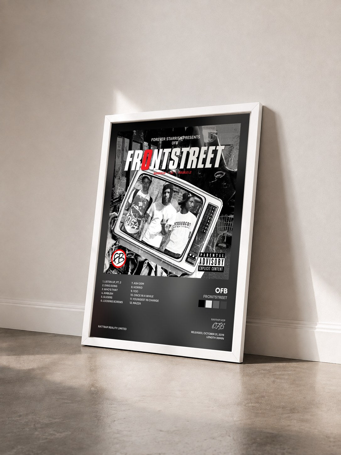 #blanc Tableau de l'album Frontstreet de OFB vu de trois quarts, cadre blanc