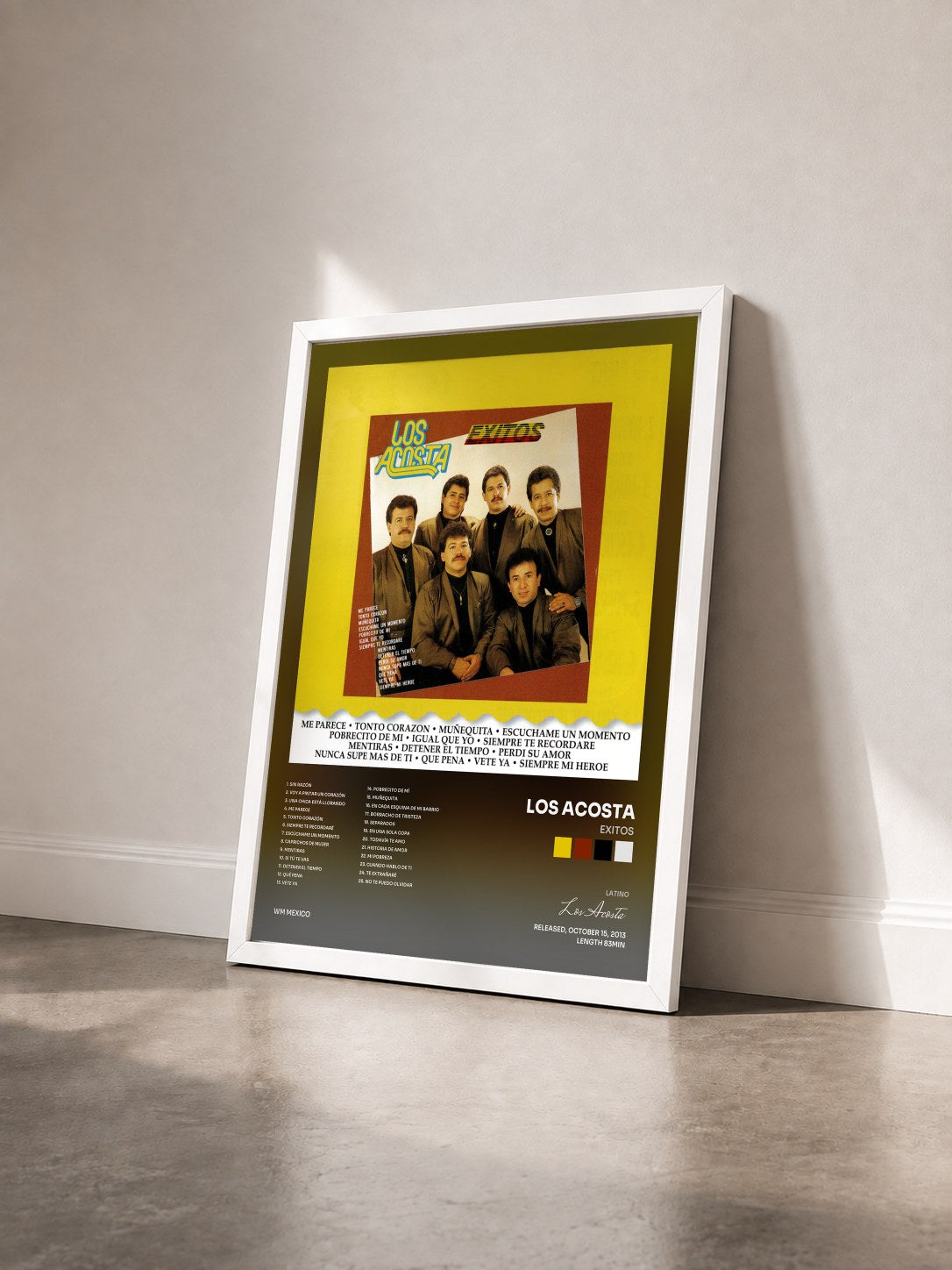 #blanc Tableau de l'album Exitos de Los Acosta vu de trois quarts, cadre blanc