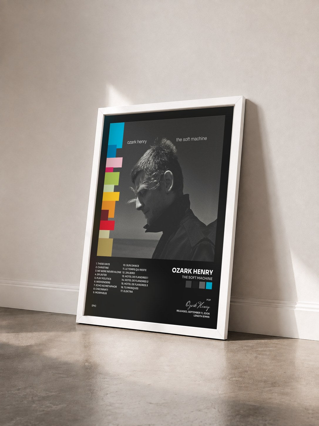 #blanc Tableau de l'album The Soft Machine de Ozark Henry vu de trois quarts, cadre blanc
