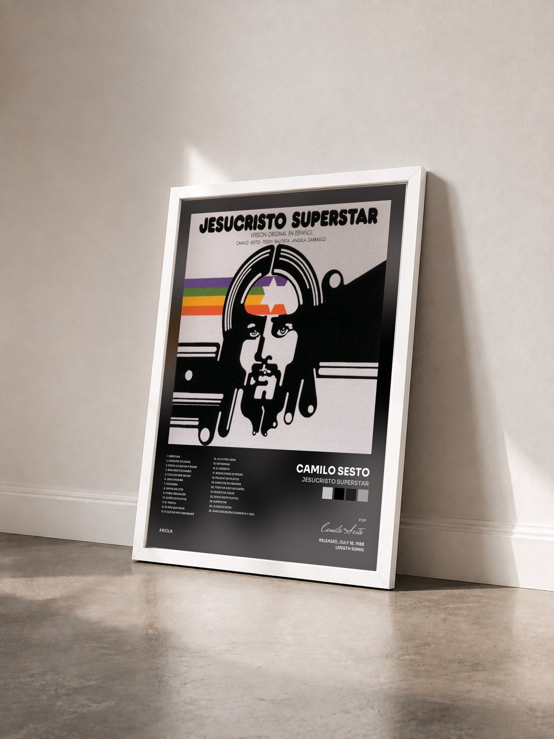 #blanc Tableau de l'album Jesucristo Superstar de Camilo Sesto vu de trois quarts, cadre blanc