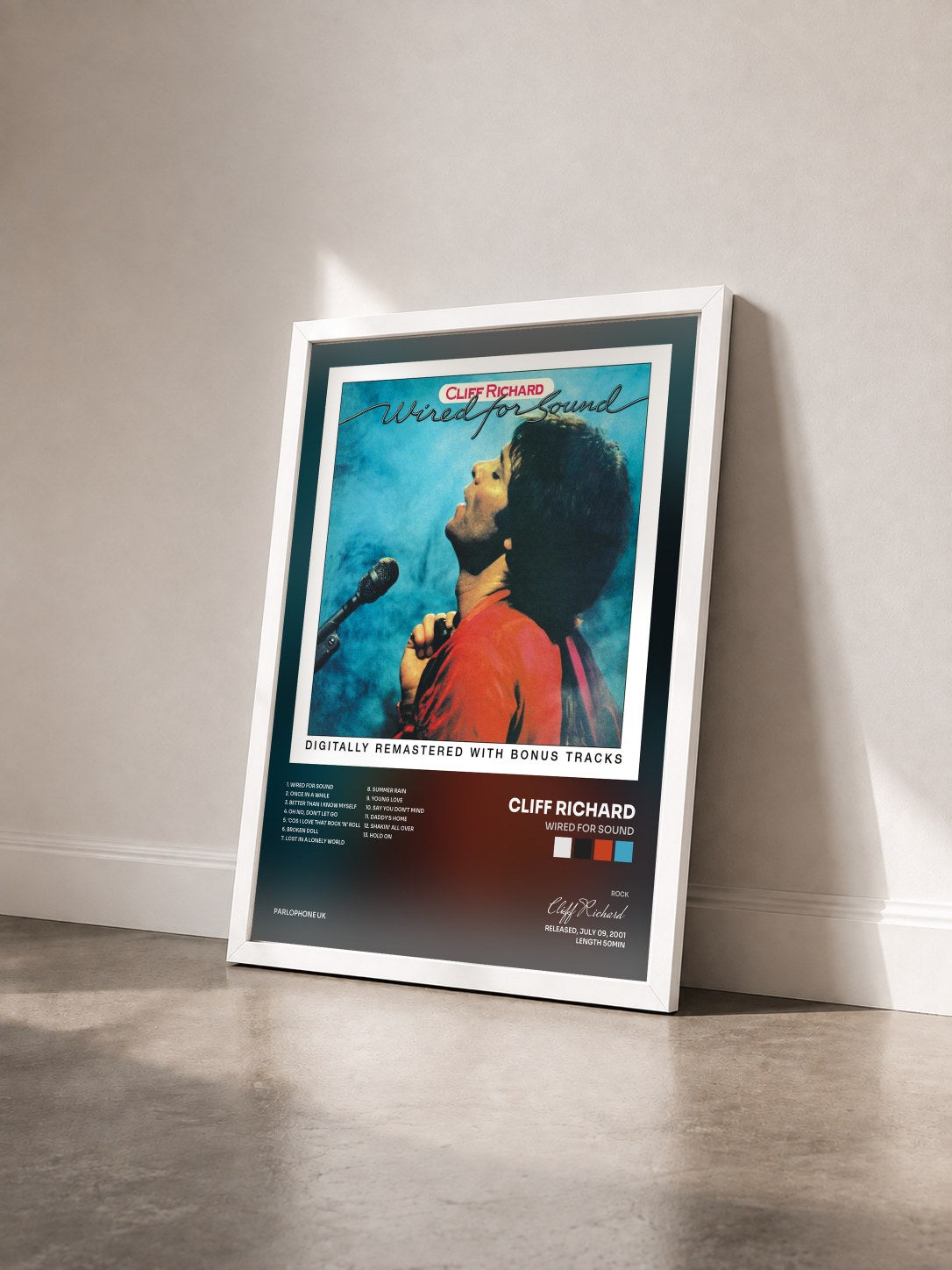 #blanc Tableau de l'album Wired for Sound de Cliff Richard vu de trois quarts, cadre blanc