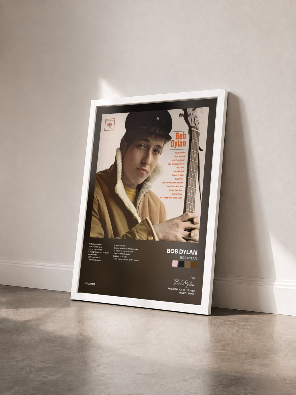 #blanc Tableau de l'album Bob Dylan de Bob Dylan vu de trois quarts, cadre blanc