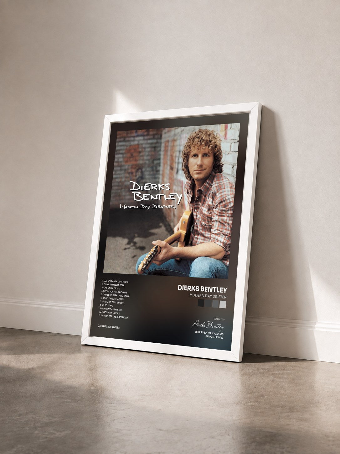 #blanc Tableau de l'album Modern Day Drifter de Dierks Bentley vu de trois quarts, cadre blanc