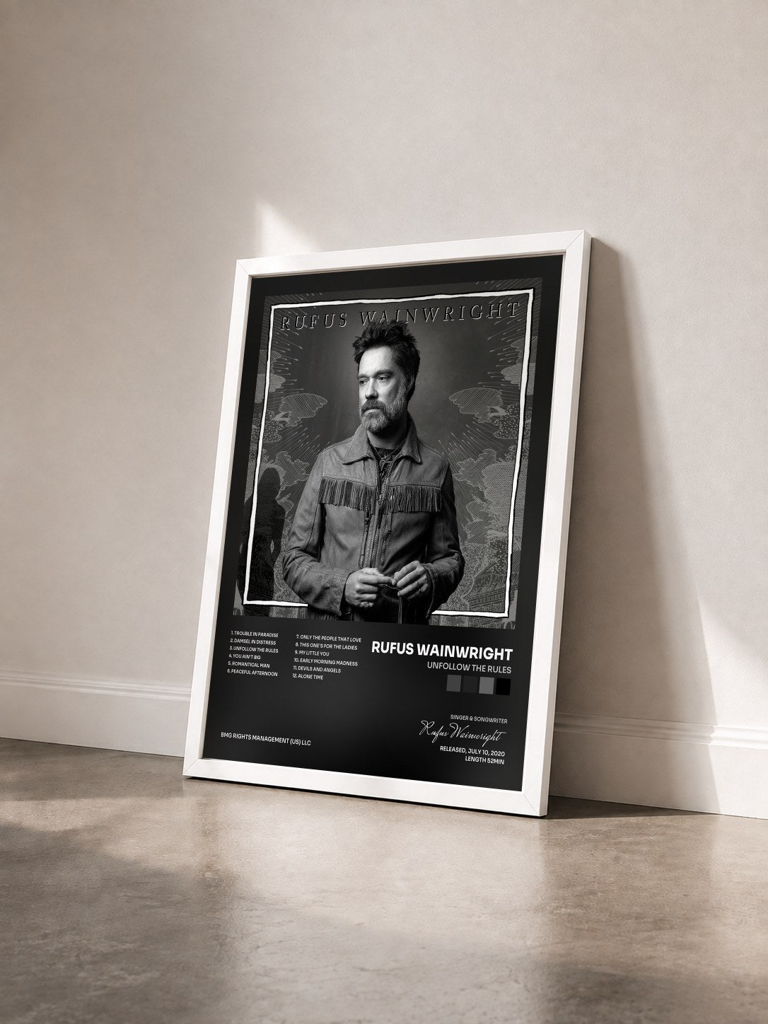 #blanc Tableau de l'album Unfollow the Rules de Rufus Wainwright vu de trois quarts, cadre blanc