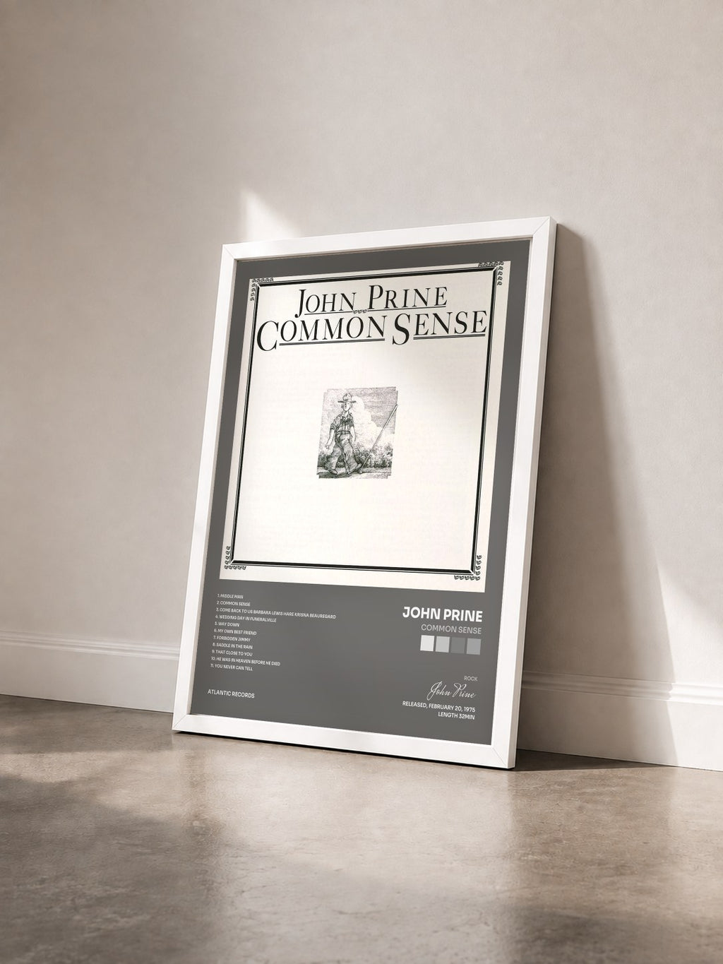 #blanc Tableau de l'album Common Sense de John Prine vu de trois quarts, cadre blanc