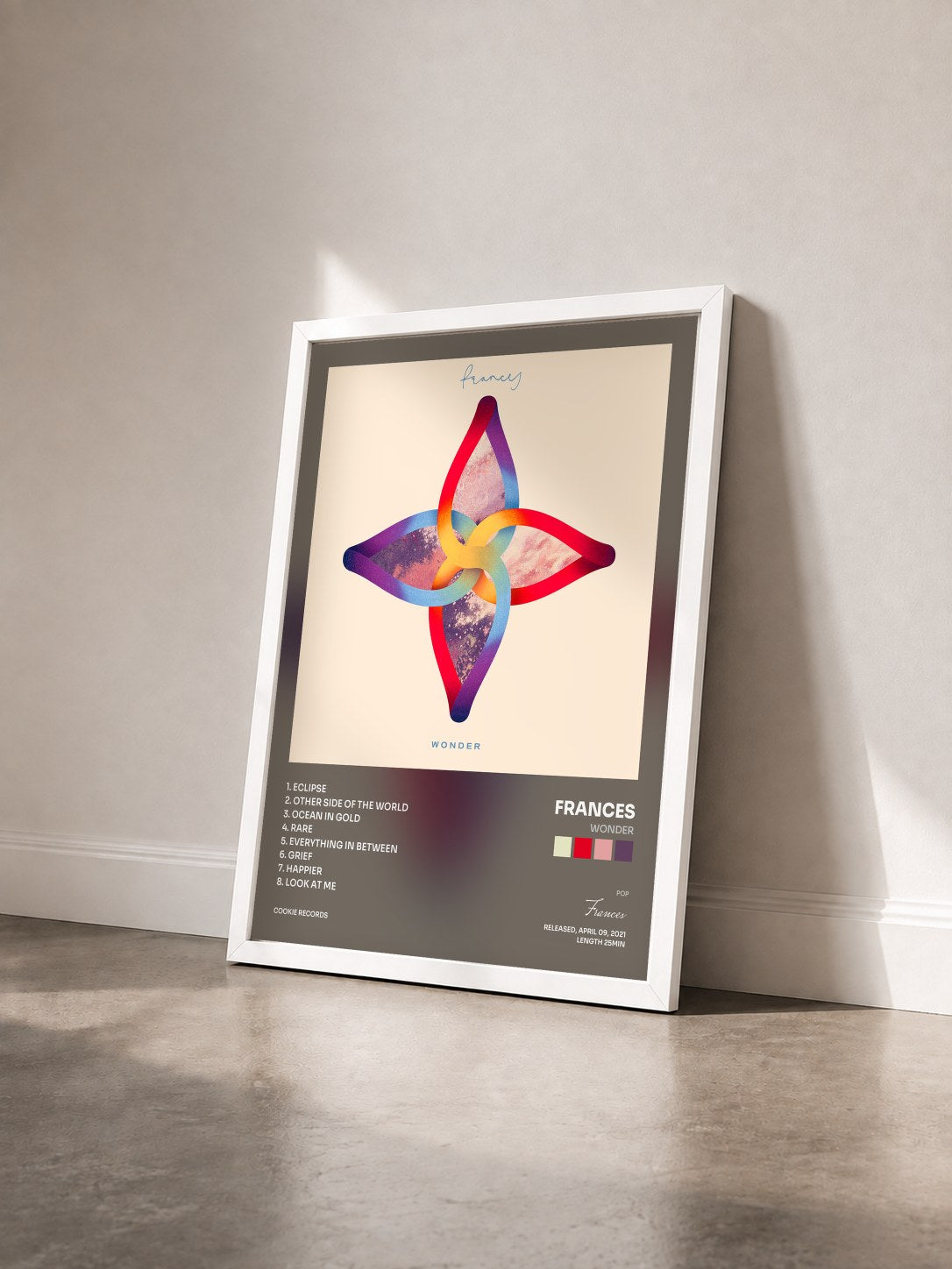 #blanc Tableau de l'album Wonder de Frances vu de trois quarts, cadre blanc