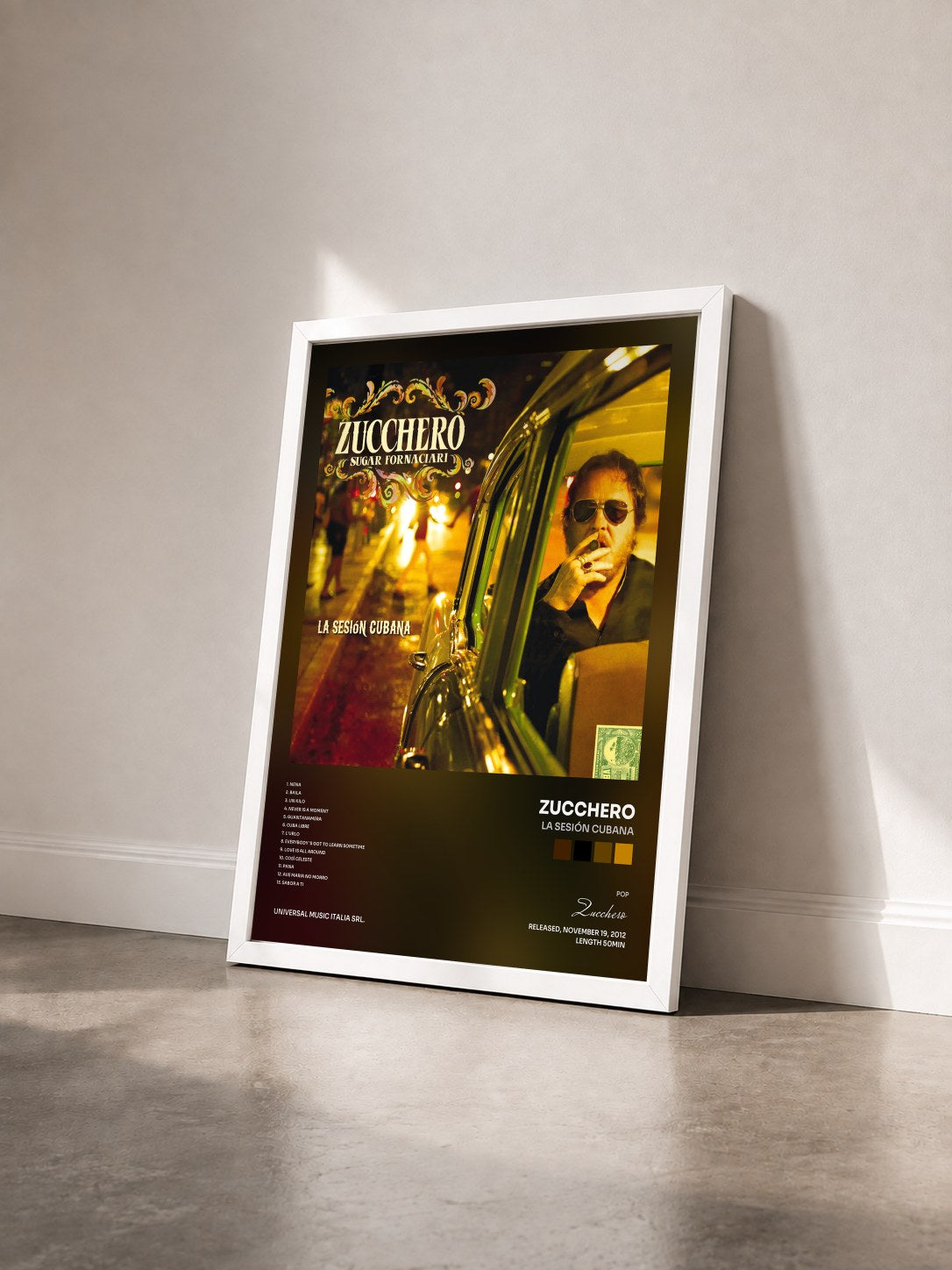 #blanc Tableau de l'album La Sesión Cubana de Zucchero vu de trois quarts, cadre blanc