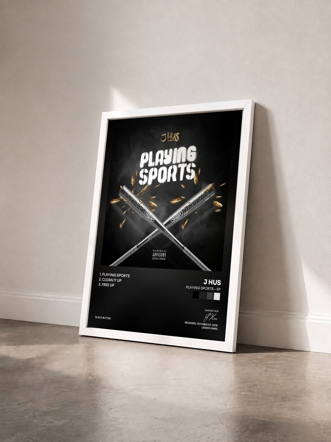 #blanc Tableau de l'album Playing Sports - EP de J Hus vu de trois quarts, cadre blanc