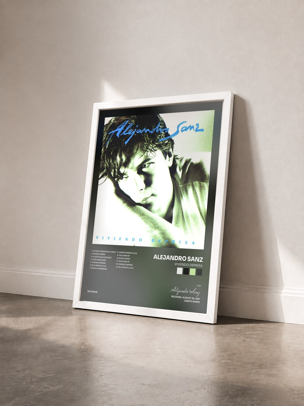 #blanc Tableau de l'album Viviendo deprisa de Alejandro Sanz vu de trois quarts, cadre blanc