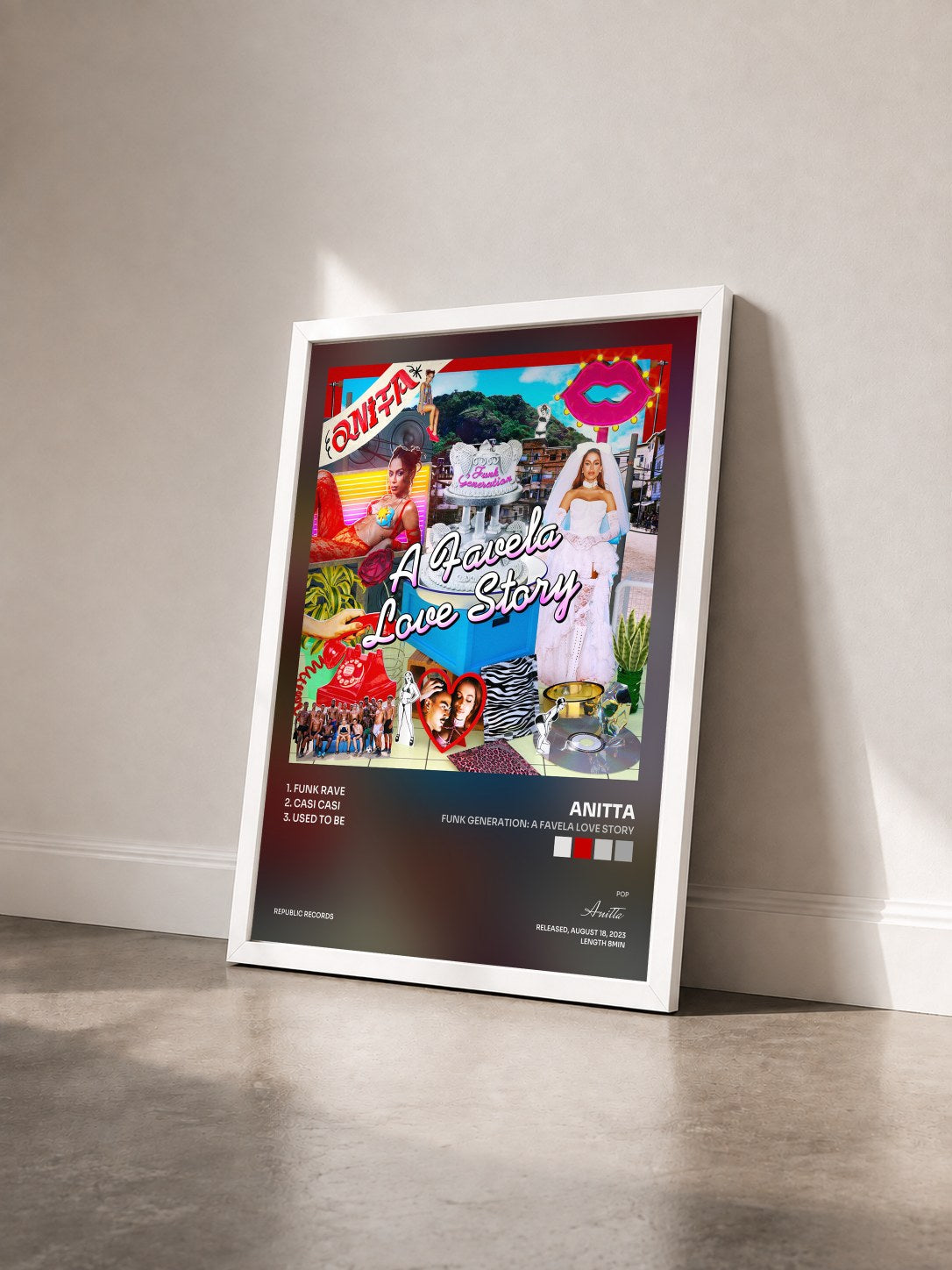 #blanc Tableau de l'album Funk Generation: A Favela Love Story de Anitta vu de trois quarts, cadre blanc