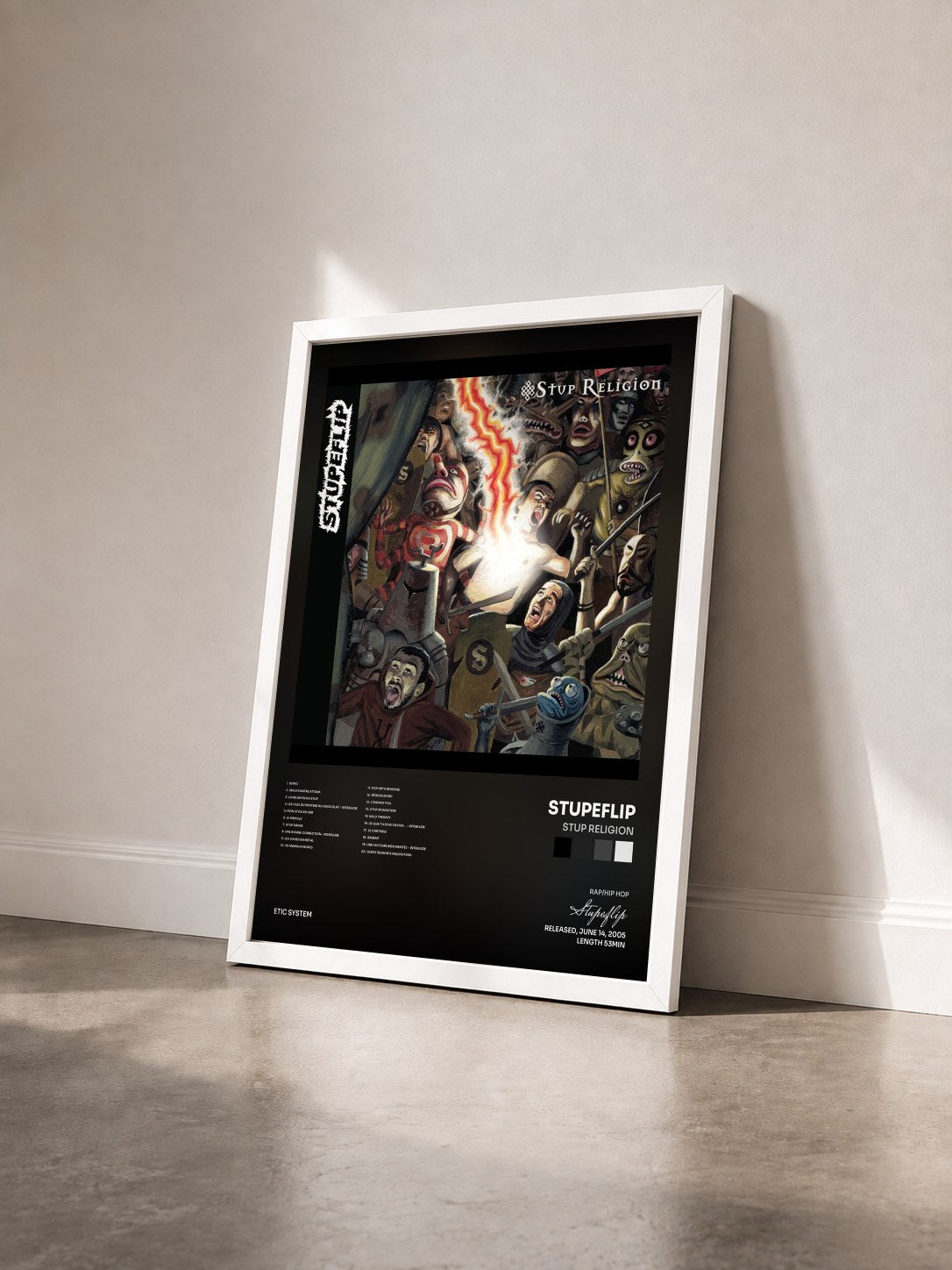 #blanc Tableau de l'album Stup Religion de Stupeflip vu de trois quarts, cadre blanc
