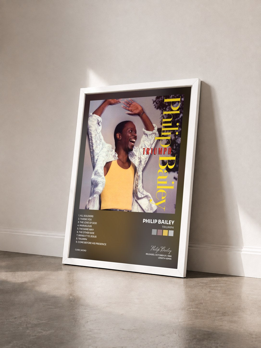 #blanc Tableau de l'album Triumph de Philip Bailey vu de trois quarts, cadre blanc