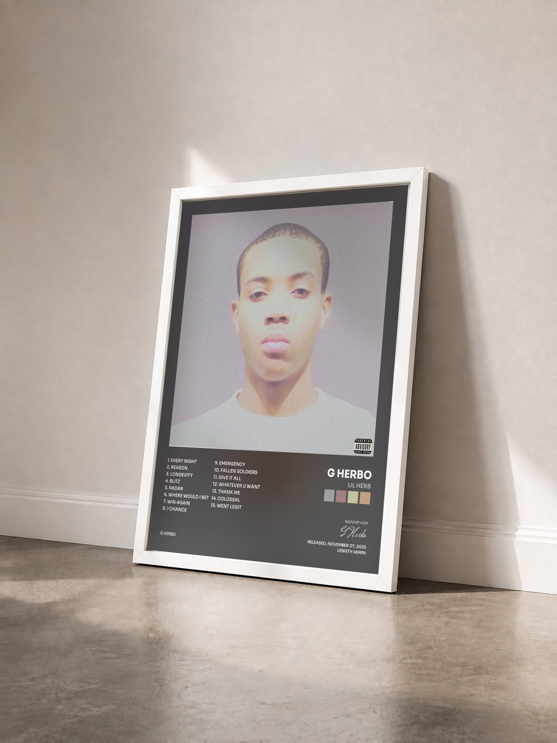 #blanc Tableau de l'album Lil Herb de G Herbo vu de trois quarts, cadre blanc