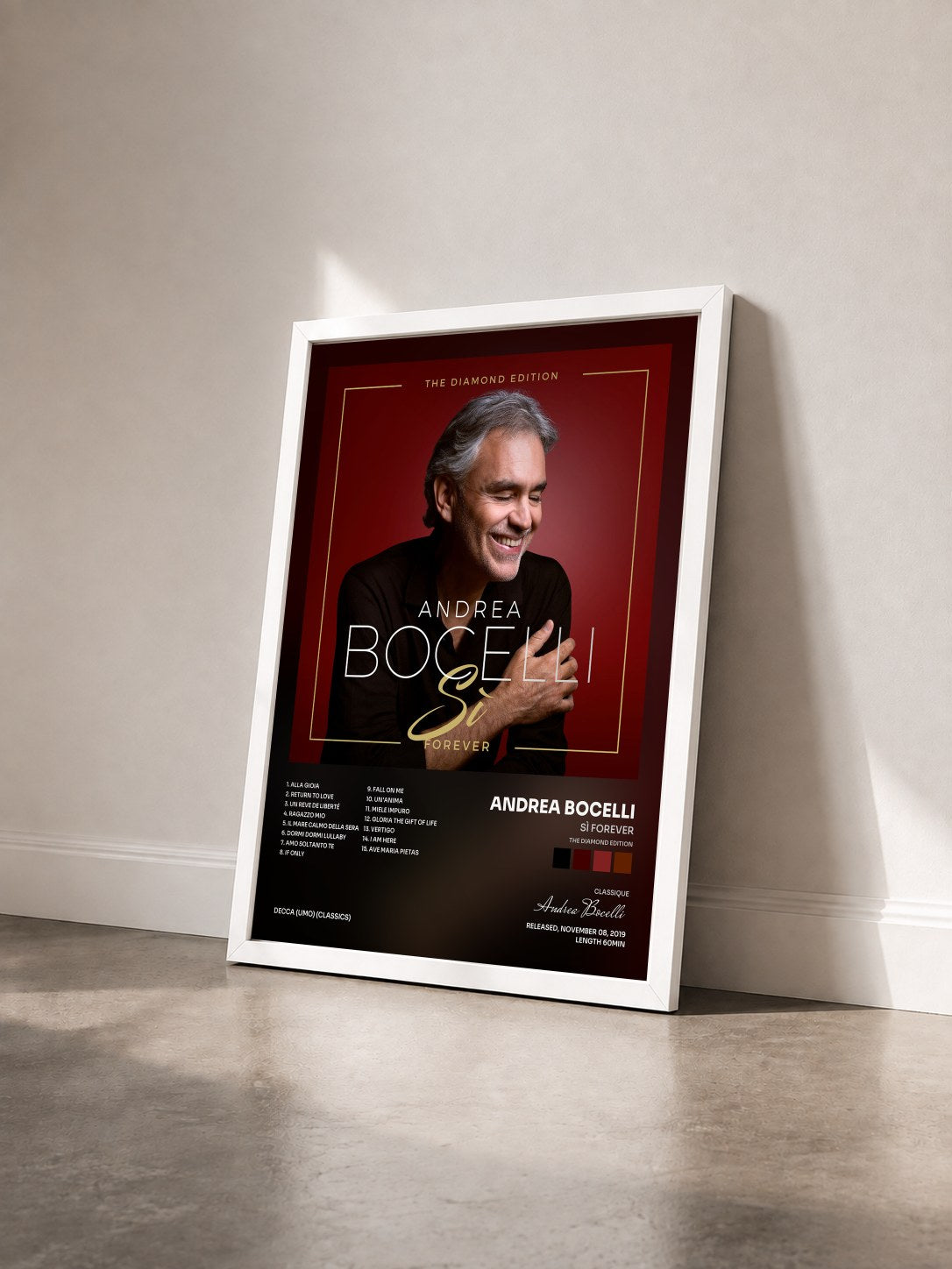 #blanc Tableau de l'album Sì Forever (The Diamond Edition) de Andrea Bocelli vu de trois quarts, cadre blanc