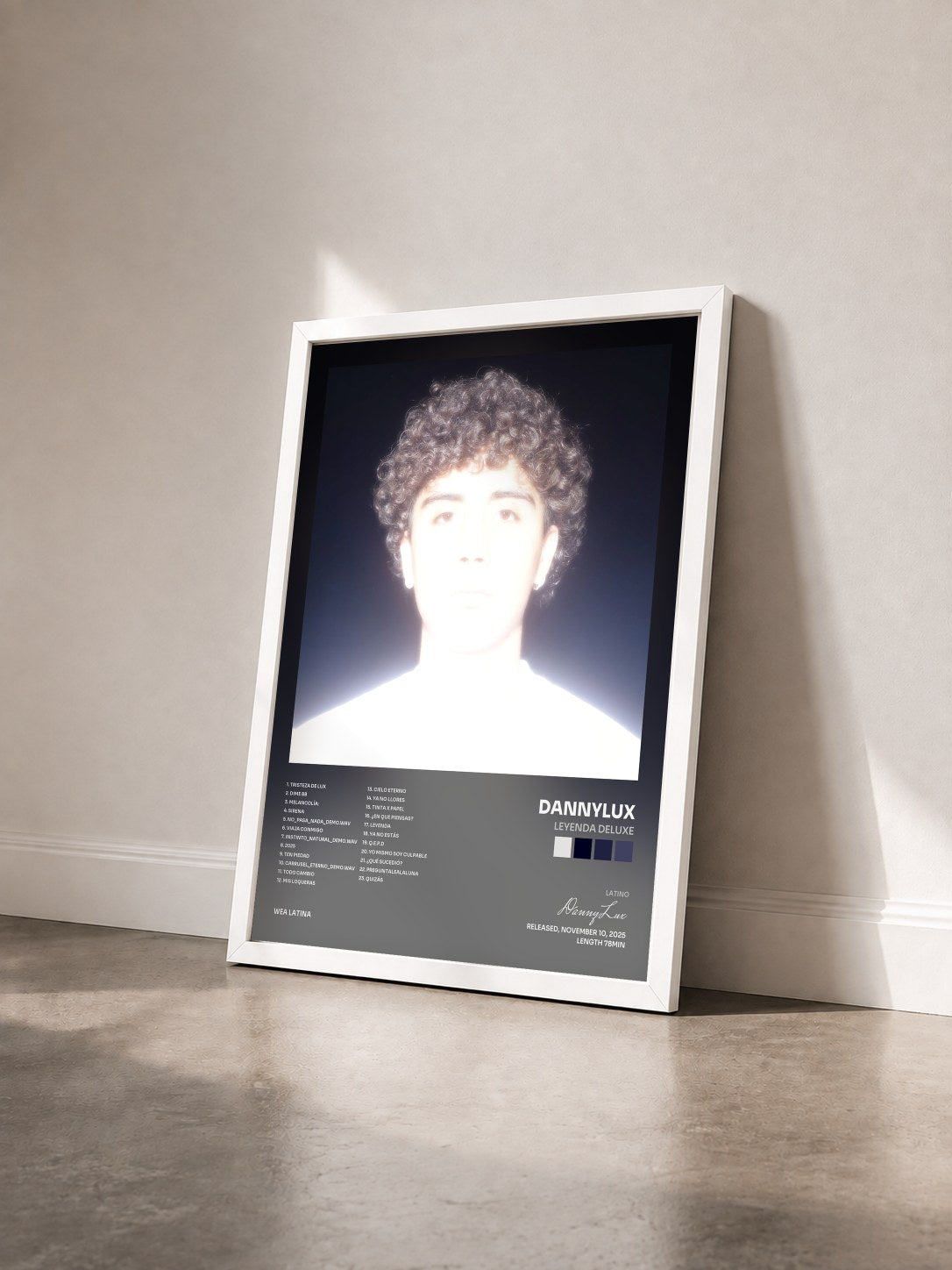 #blanc Tableau de l'album LEYENDA DELUXE de DannyLux vu de trois quarts, cadre blanc