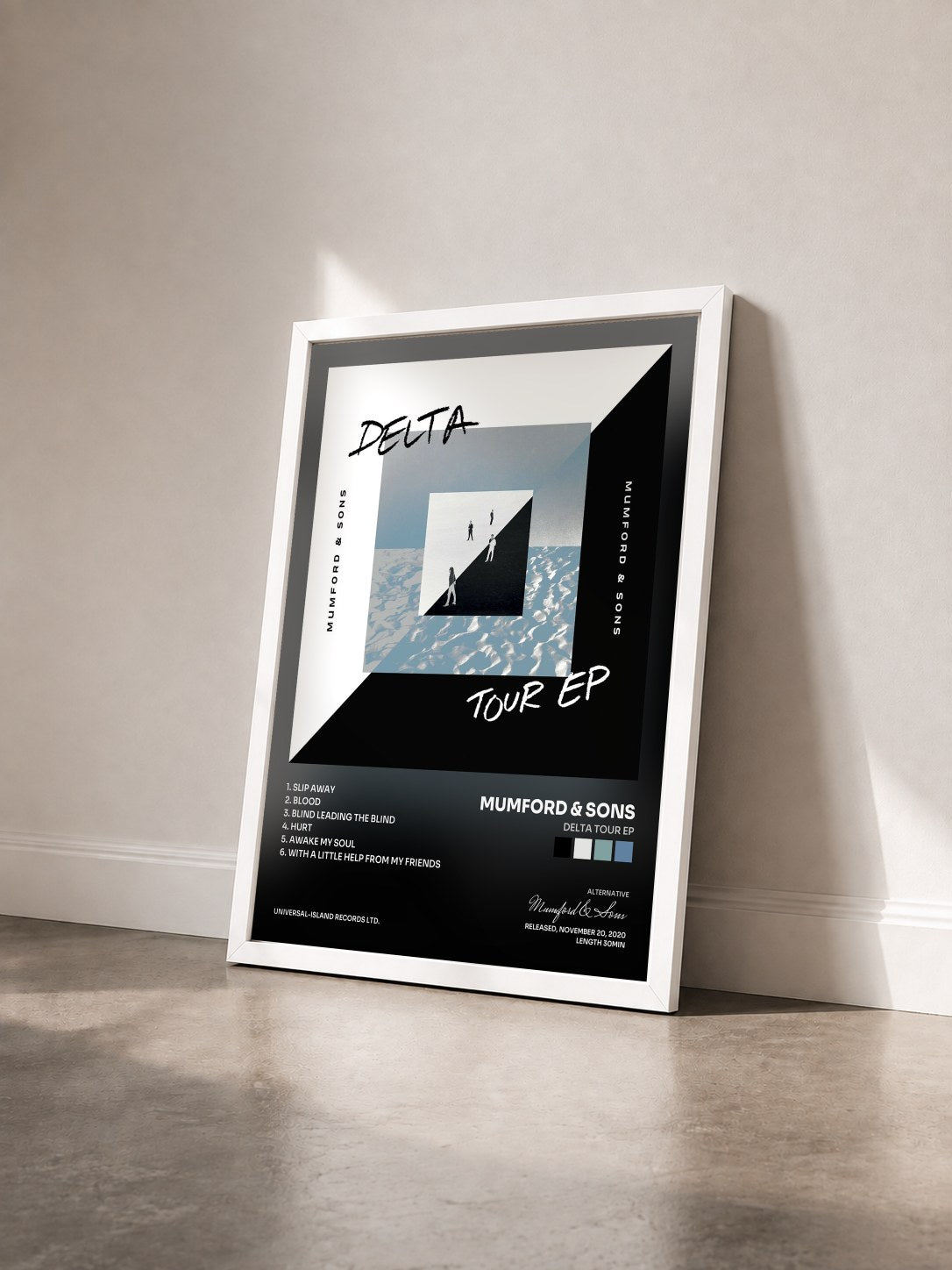 #blanc Tableau de l'album Delta Tour EP de Mumford & Sons vu de trois quarts, cadre blanc