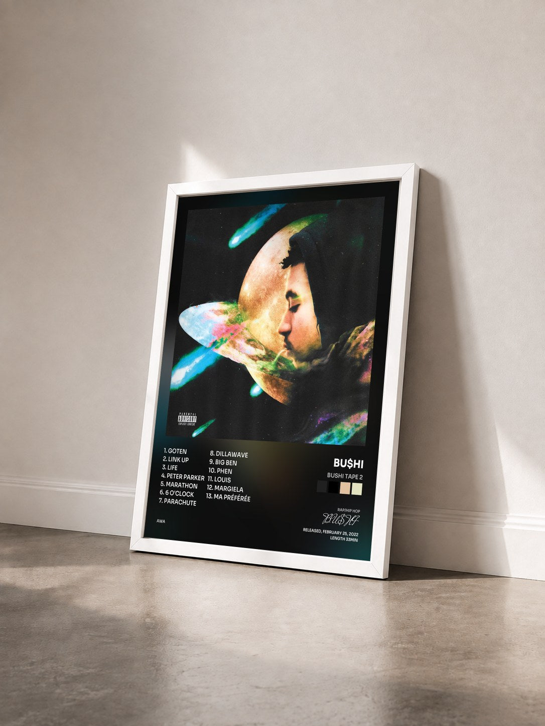 #blanc Tableau de l'album Bushi Tape 2 de BU$HI vu de trois quarts, cadre blanc