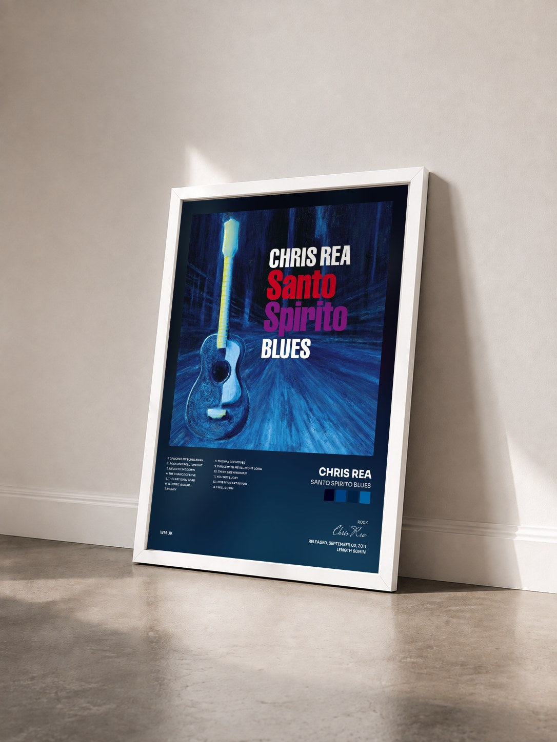 #blanc Tableau de l'album Santo Spirito Blues de Chris Rea vu de trois quarts, cadre blanc
