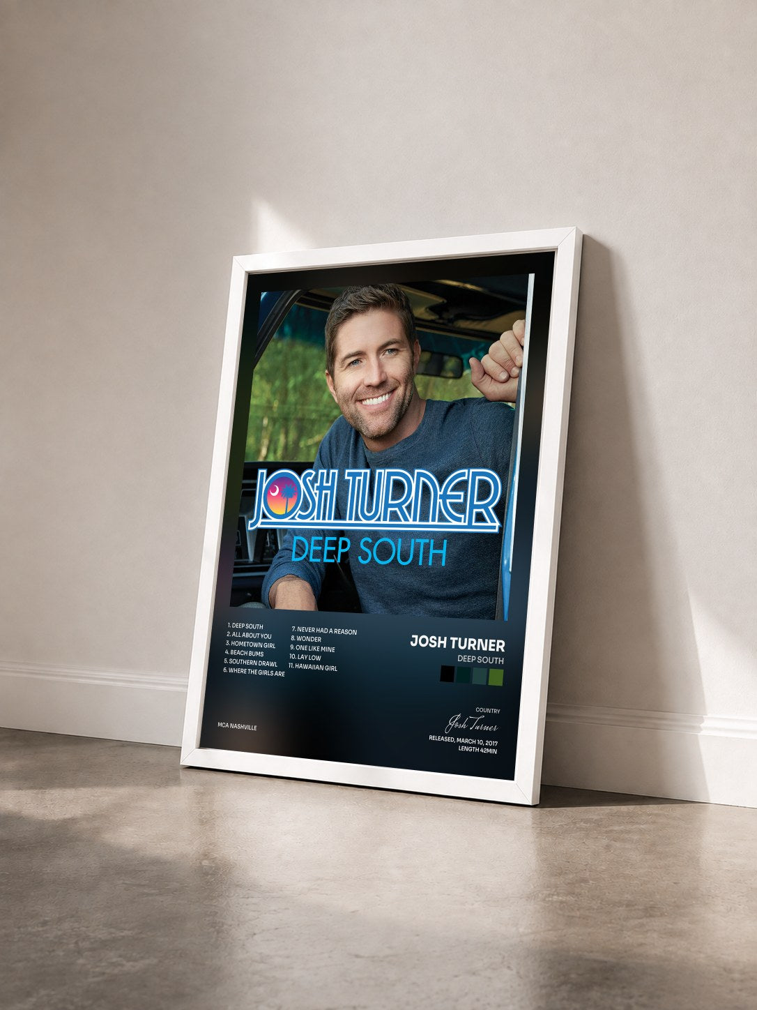 #blanc Tableau de l'album Deep South de Josh Turner vu de trois quarts, cadre blanc