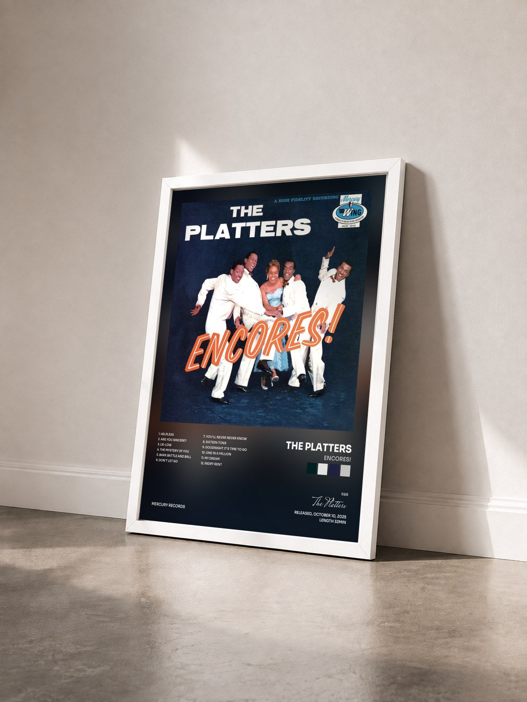 #blanc Tableau de l'album Encores! de The Platters vu de trois quarts, cadre blanc