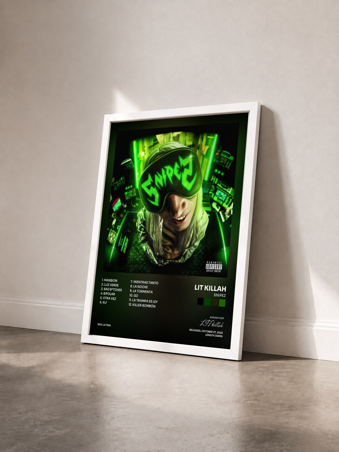 #blanc Tableau de l'album SnipeZ de LIT killah vu de trois quarts, cadre blanc