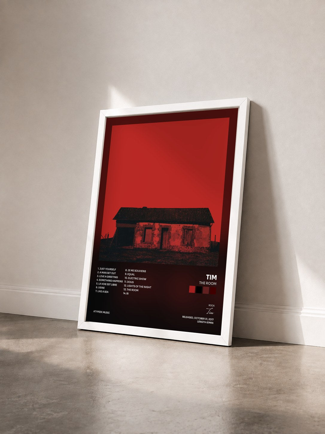 #blanc Tableau de l'album The Room de Tim vu de trois quarts, cadre blanc