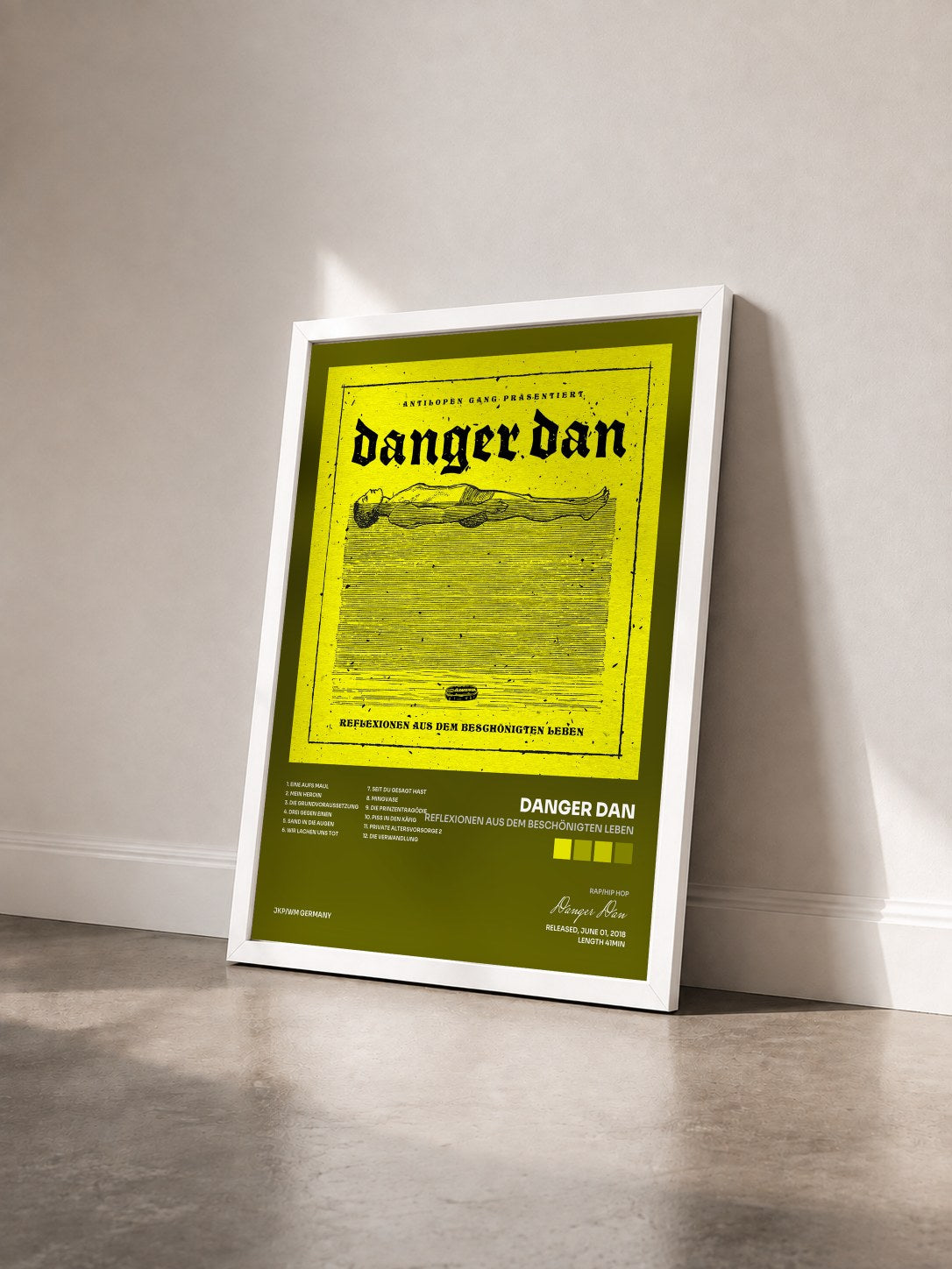 #blanc Tableau de l'album Reflexionen aus dem beschönigten Leben de Danger Dan vu de trois quarts, cadre blanc