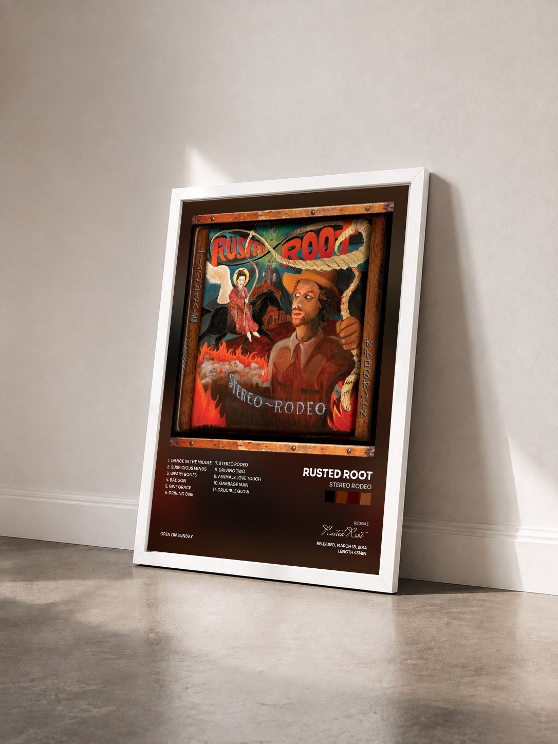 #blanc Tableau de l'album Stereo Rodeo de Rusted Root vu de trois quarts, cadre blanc