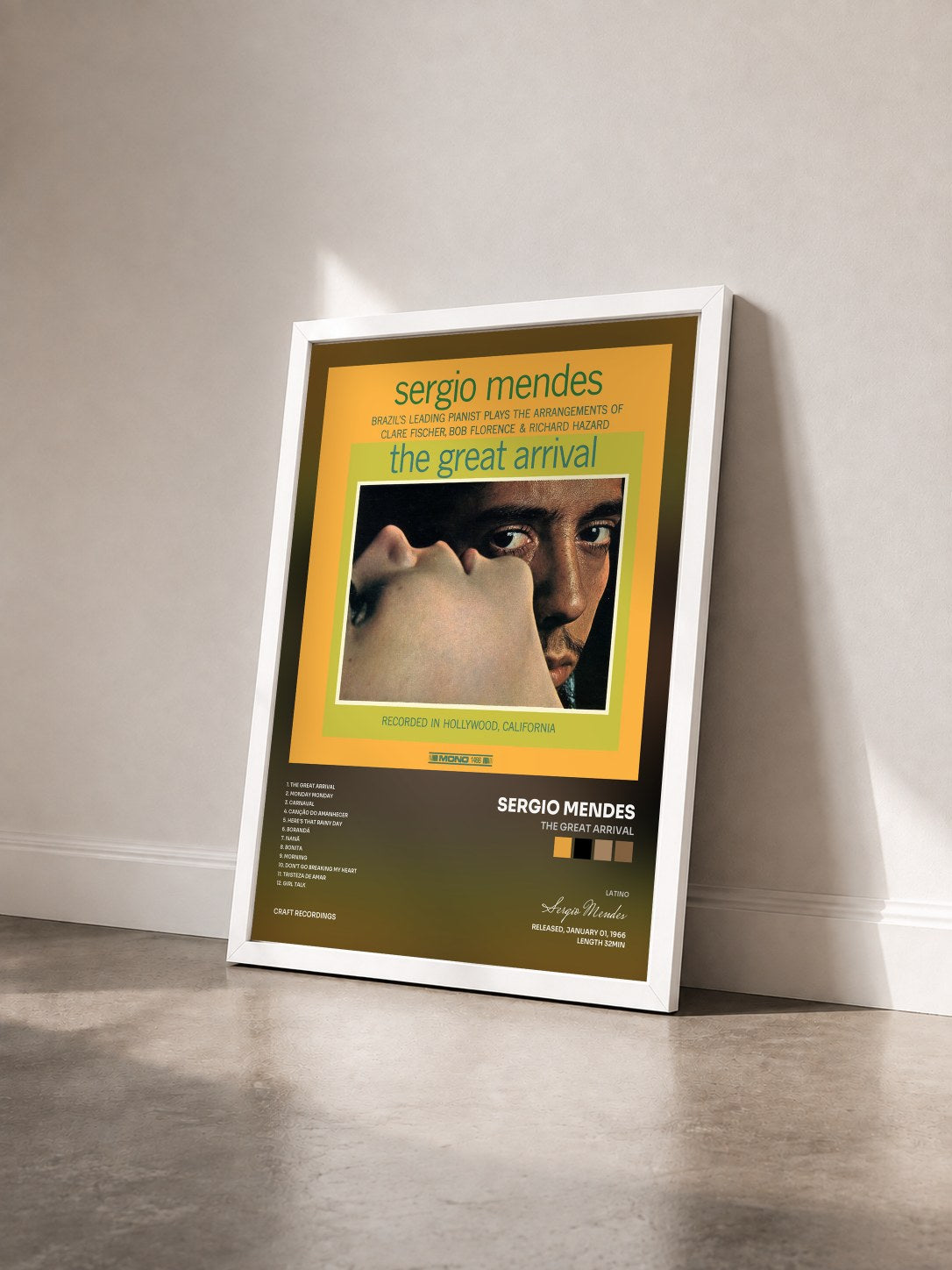 #blanc Tableau de l'album The Great Arrival de Sergio Mendes vu de trois quarts, cadre blanc