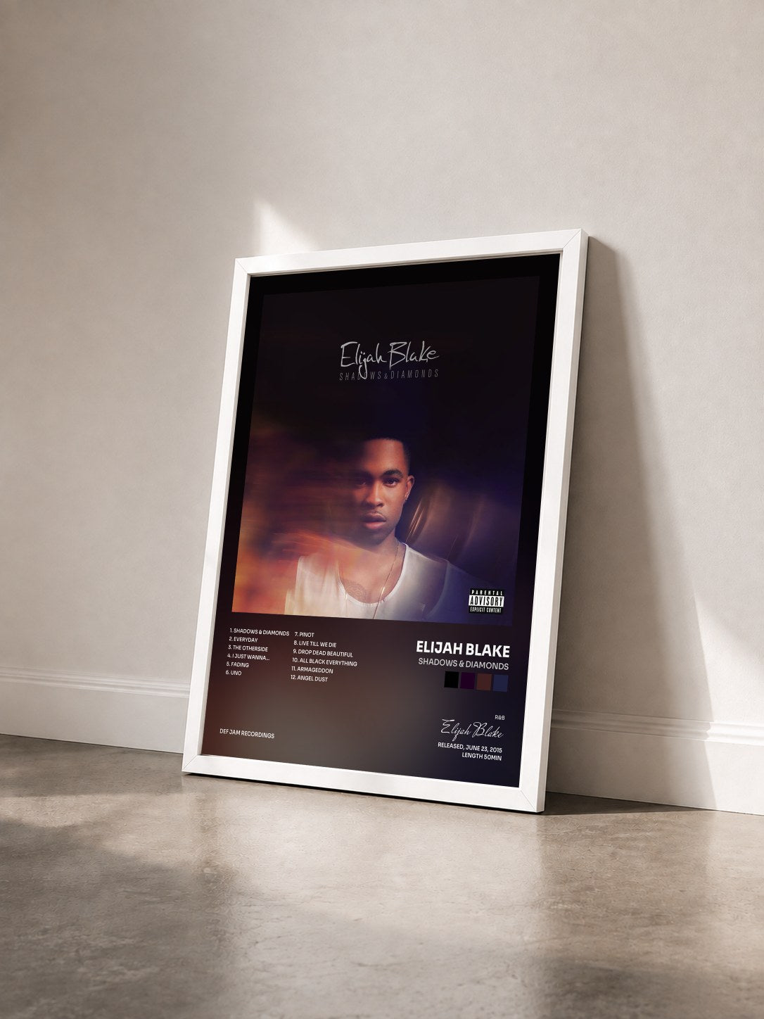 #blanc Tableau de l'album Shadows & Diamonds de Elijah Blake vu de trois quarts, cadre blanc
