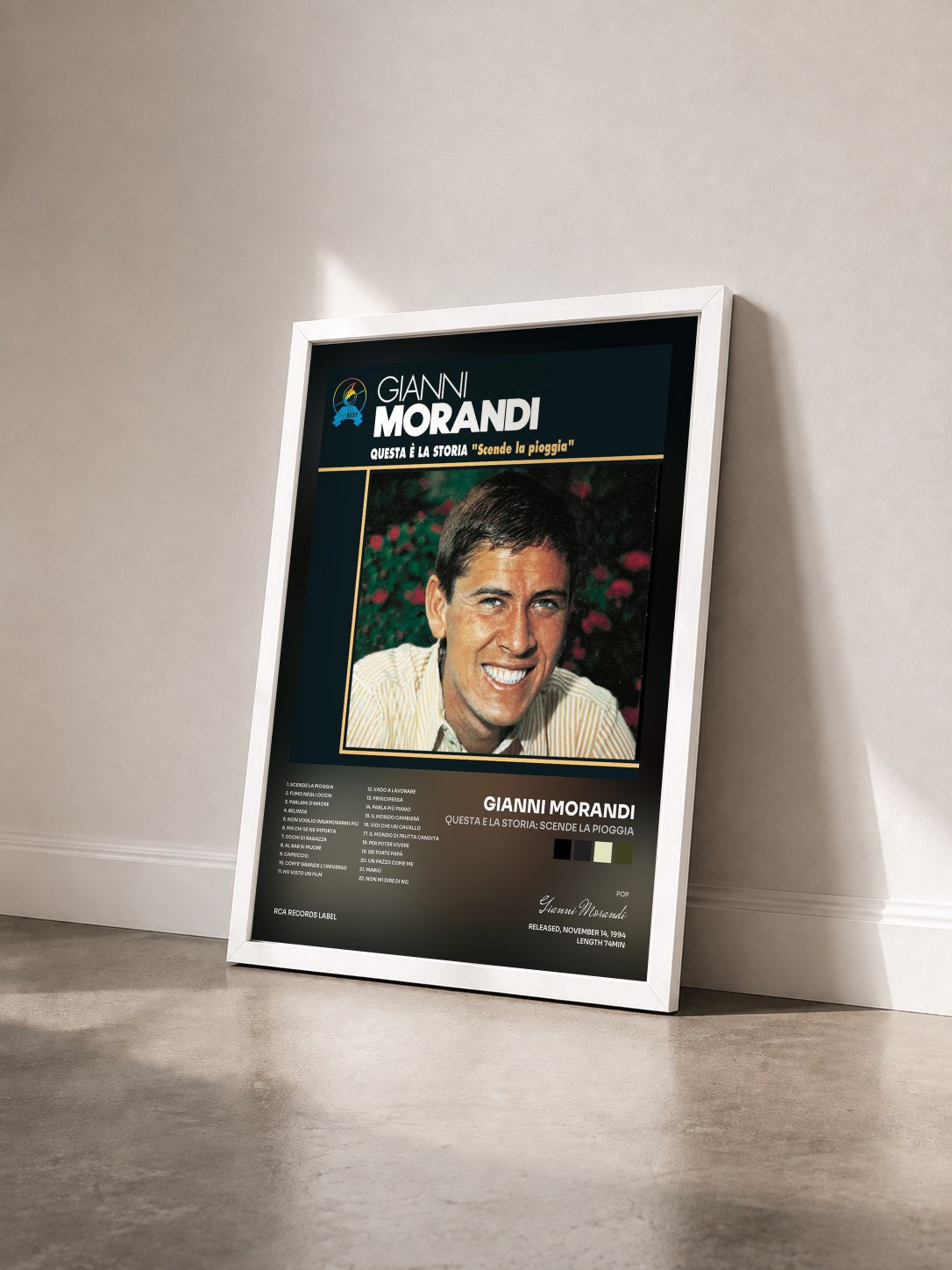 #blanc Tableau de l'album Questa E La Storia: Scende La Pioggia de Gianni Morandi vu de trois quarts, cadre blanc