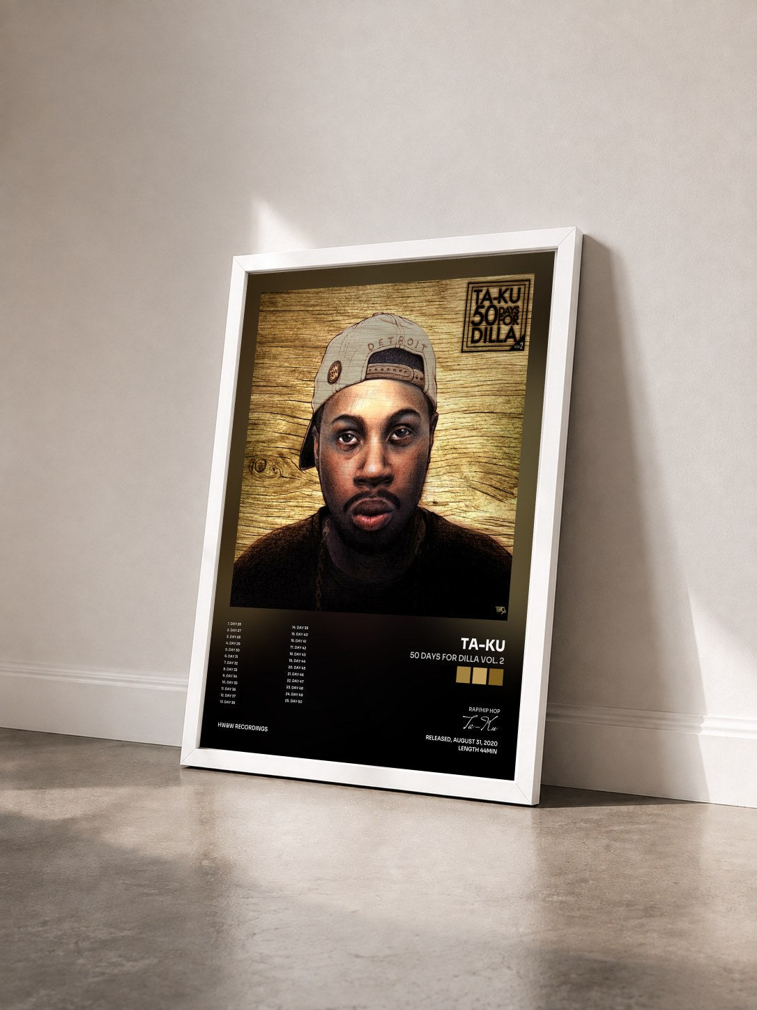 #blanc Tableau de l'album 50 Days For Dilla Vol. 2 de Ta-Ku vu de trois quarts, cadre blanc