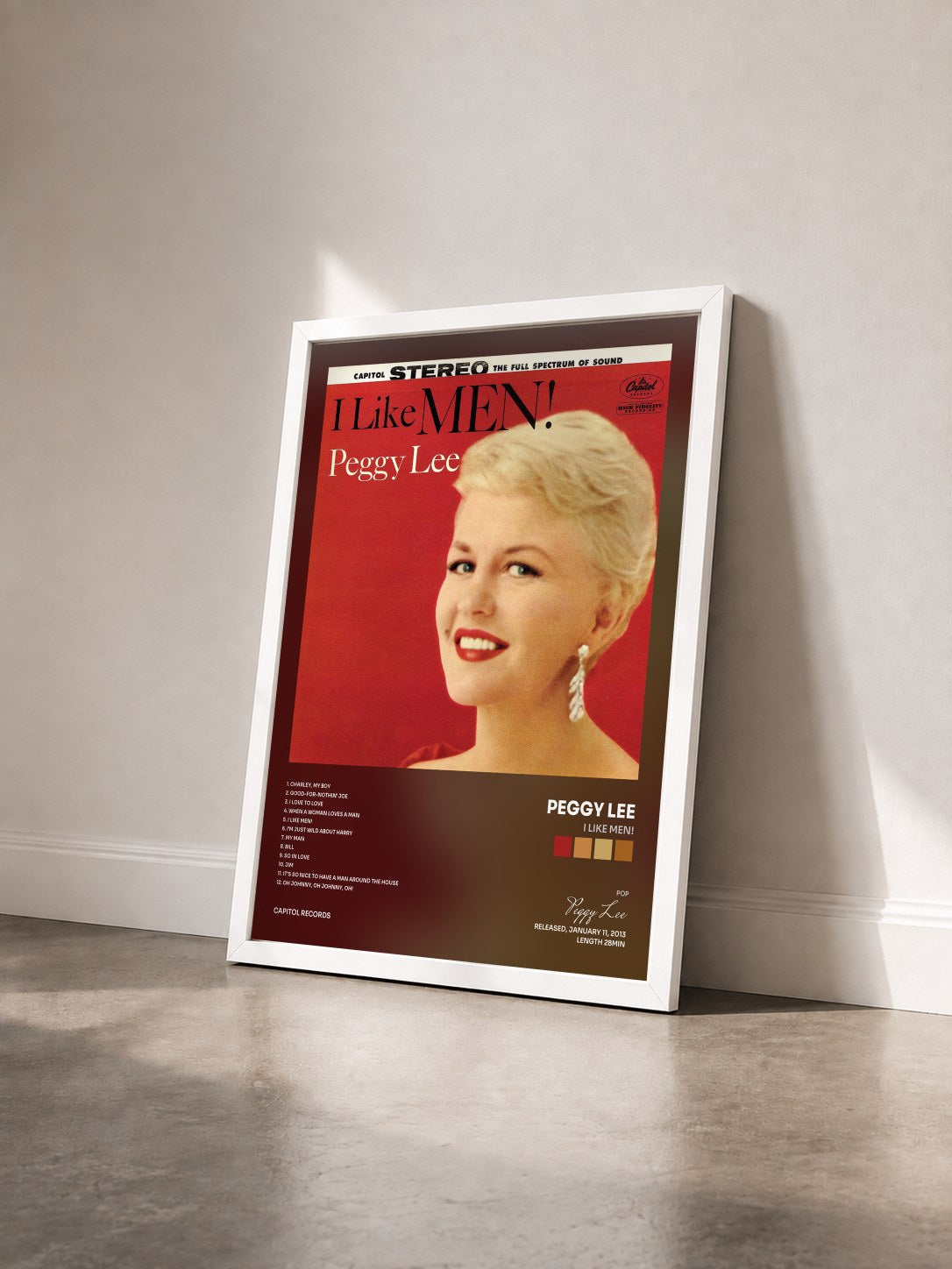 #blanc Tableau de l'album I Like Men! de Peggy Lee vu de trois quarts, cadre blanc
