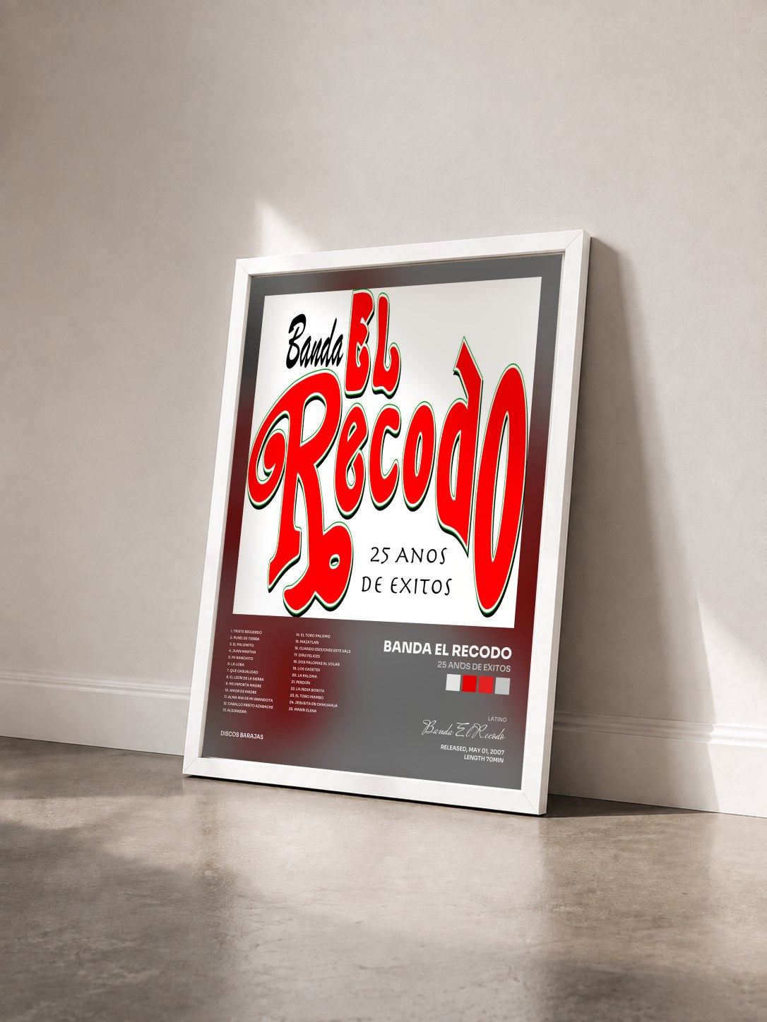 #blanc Tableau de l'album 25 Años De Éxitos de Banda El Recodo vu de trois quarts, cadre blanc