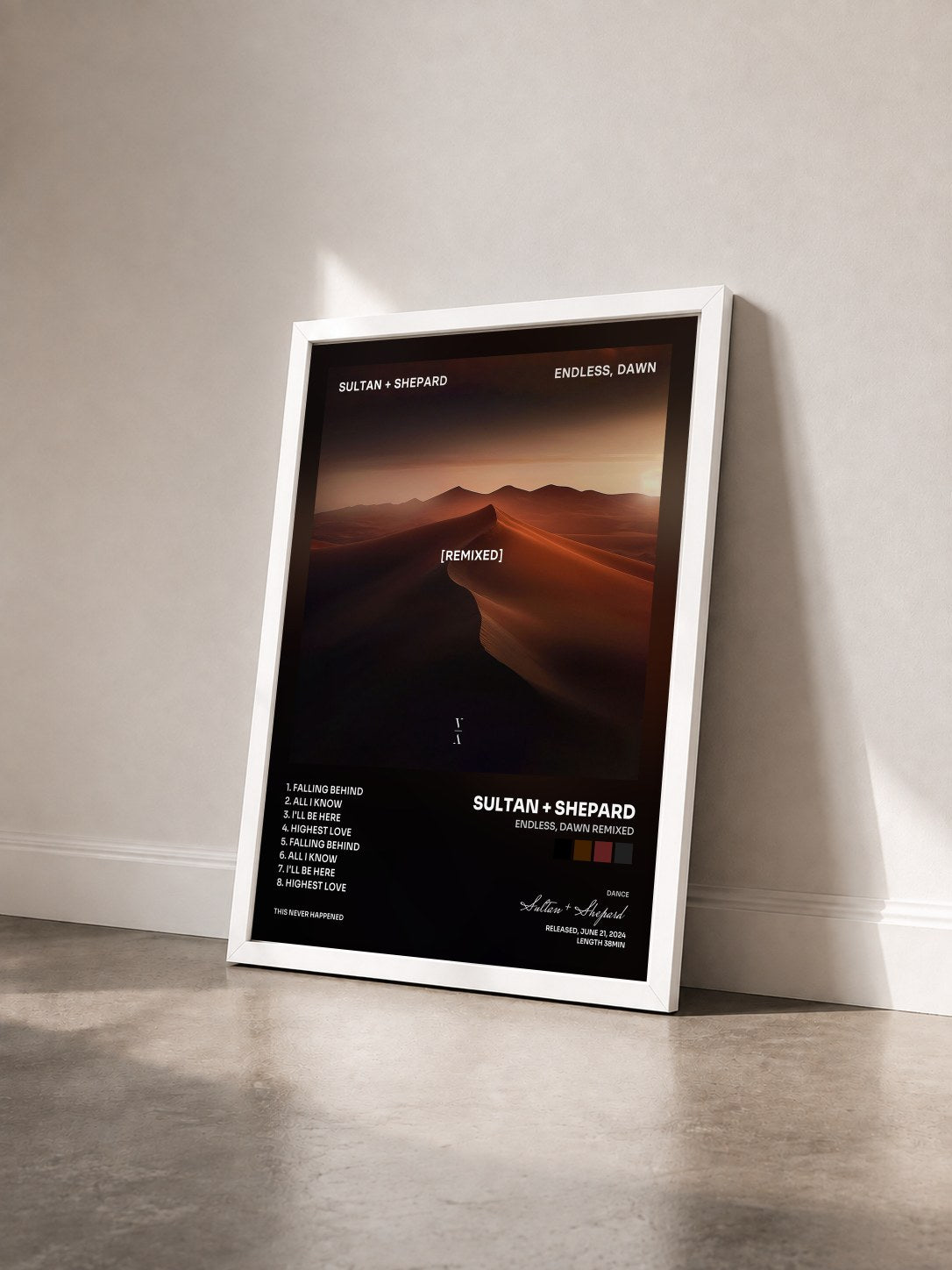 #blanc Tableau de l'album Endless, Dawn Remixed de Sultan + Shepard vu de trois quarts, cadre blanc