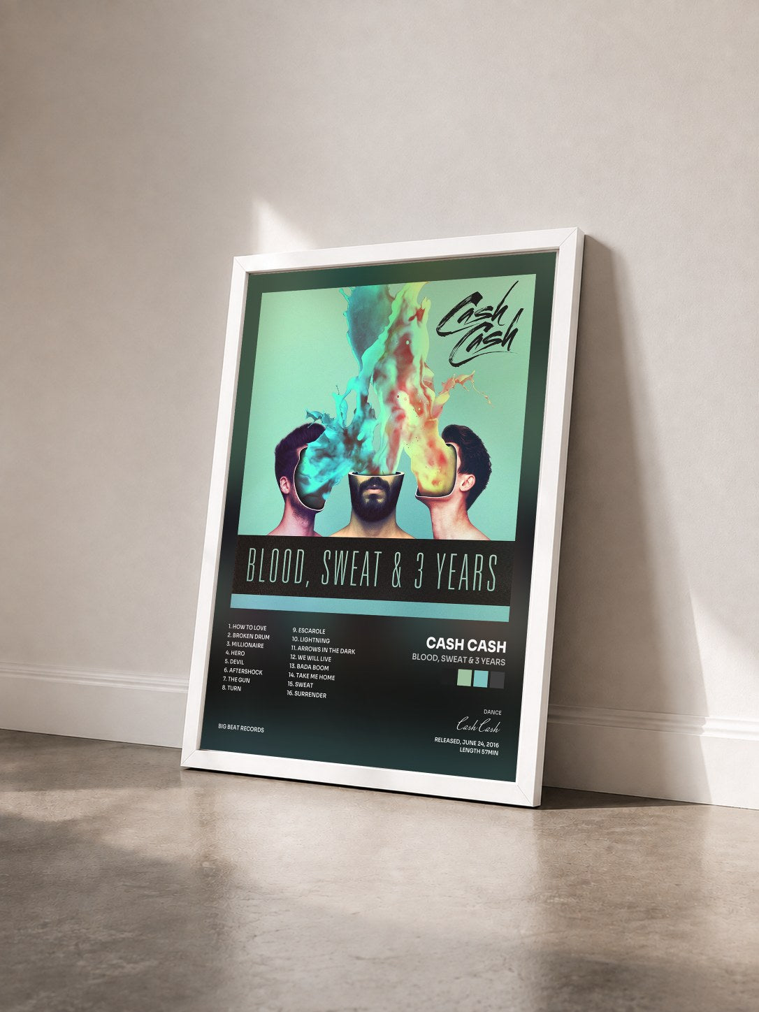 #blanc Tableau de l'album Blood, Sweat & 3 Years de Cash Cash vu de trois quarts, cadre blanc