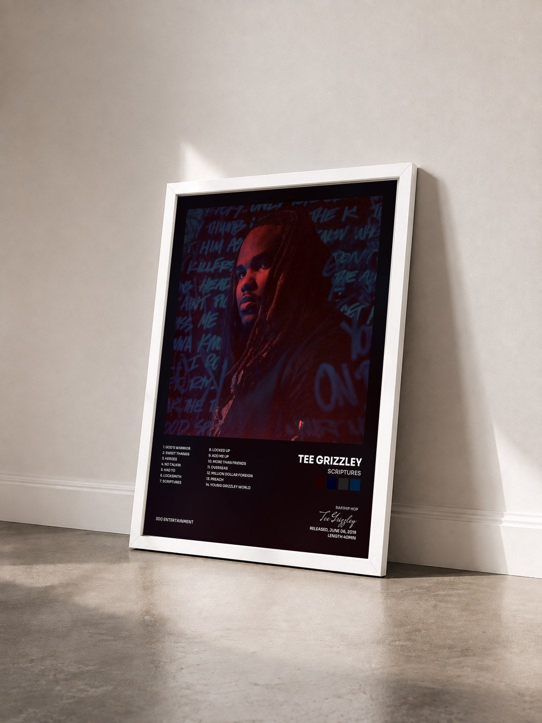 #blanc Tableau de l'album Scriptures de Tee Grizzley vu de trois quarts, cadre blanc