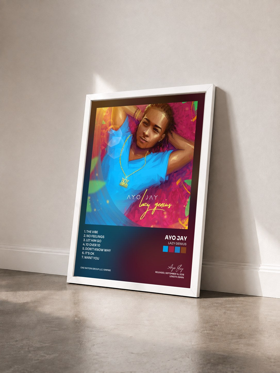 #blanc Tableau de l'album Lazy Genius de Ayo Jay vu de trois quarts, cadre blanc