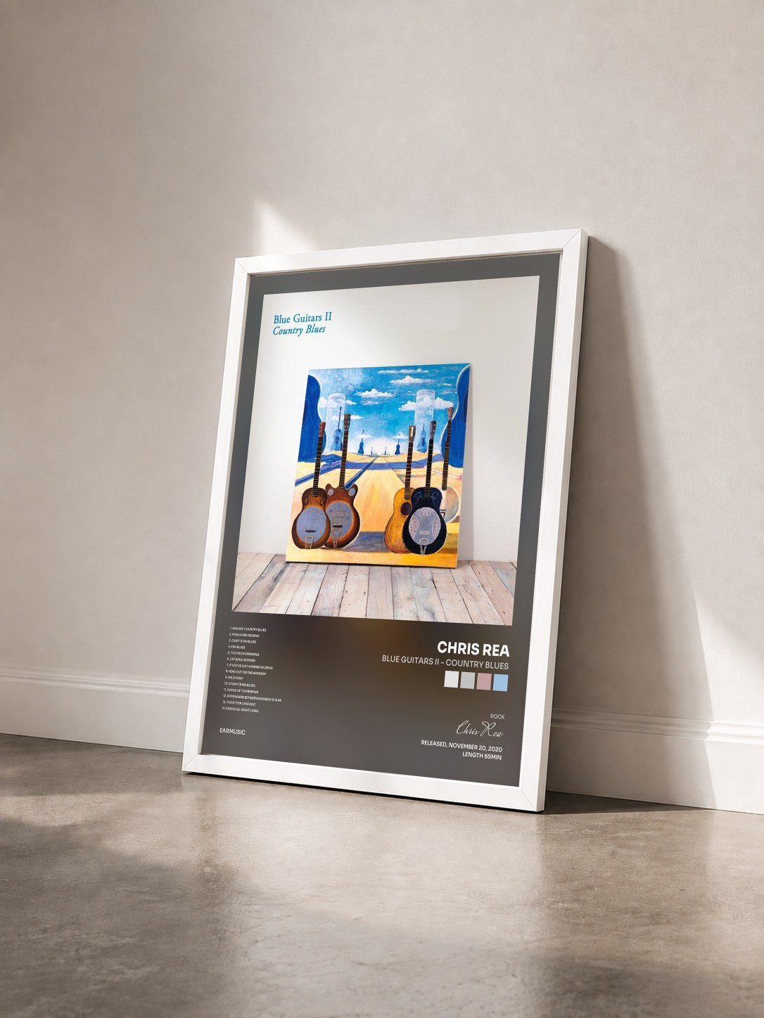 #blanc Tableau de l'album Blue Guitars II - Country Blues de Chris Rea vu de trois quarts, cadre blanc