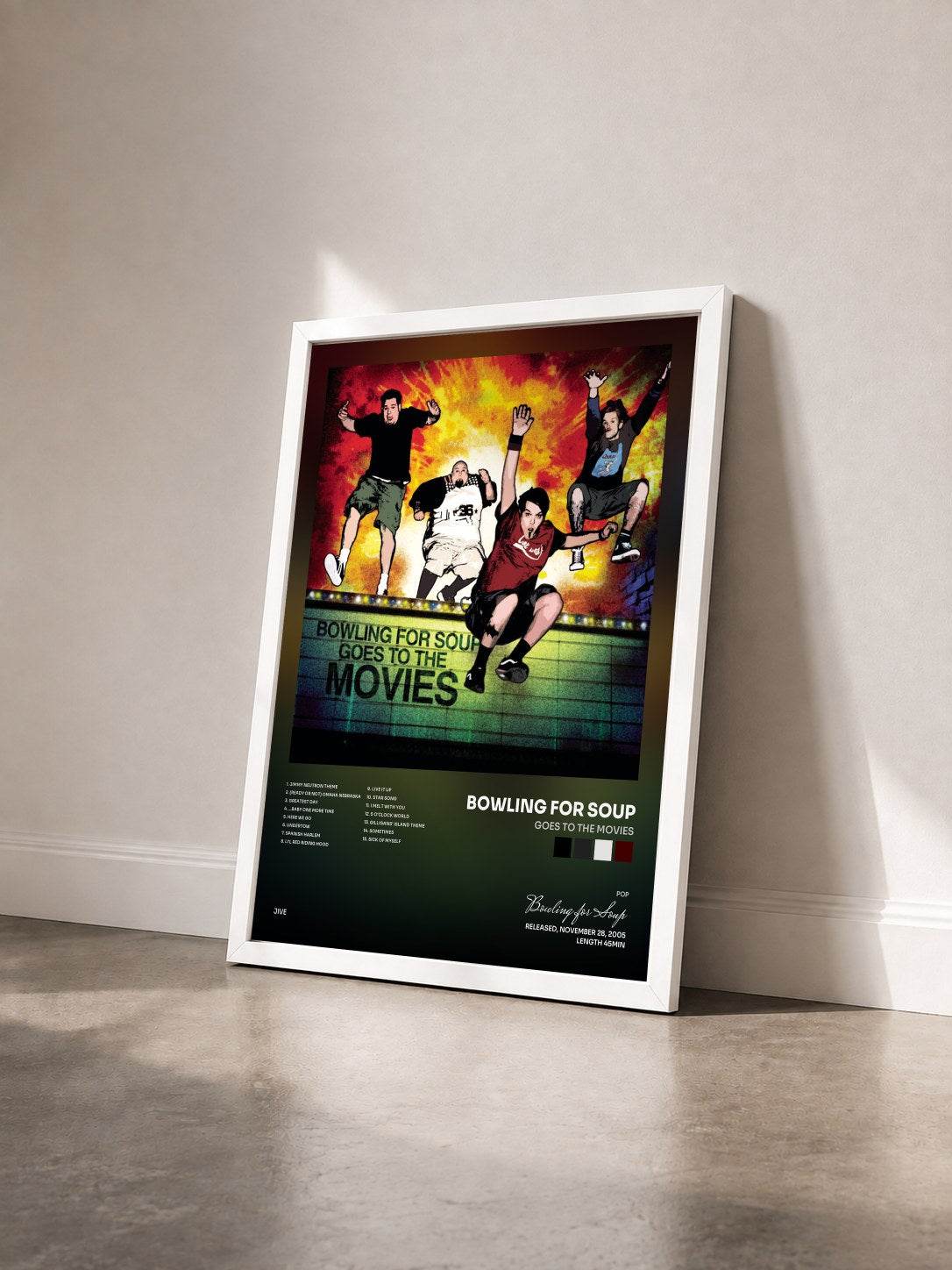 #blanc Tableau de l'album Goes To The Movies de Bowling for Soup vu de trois quarts, cadre blanc